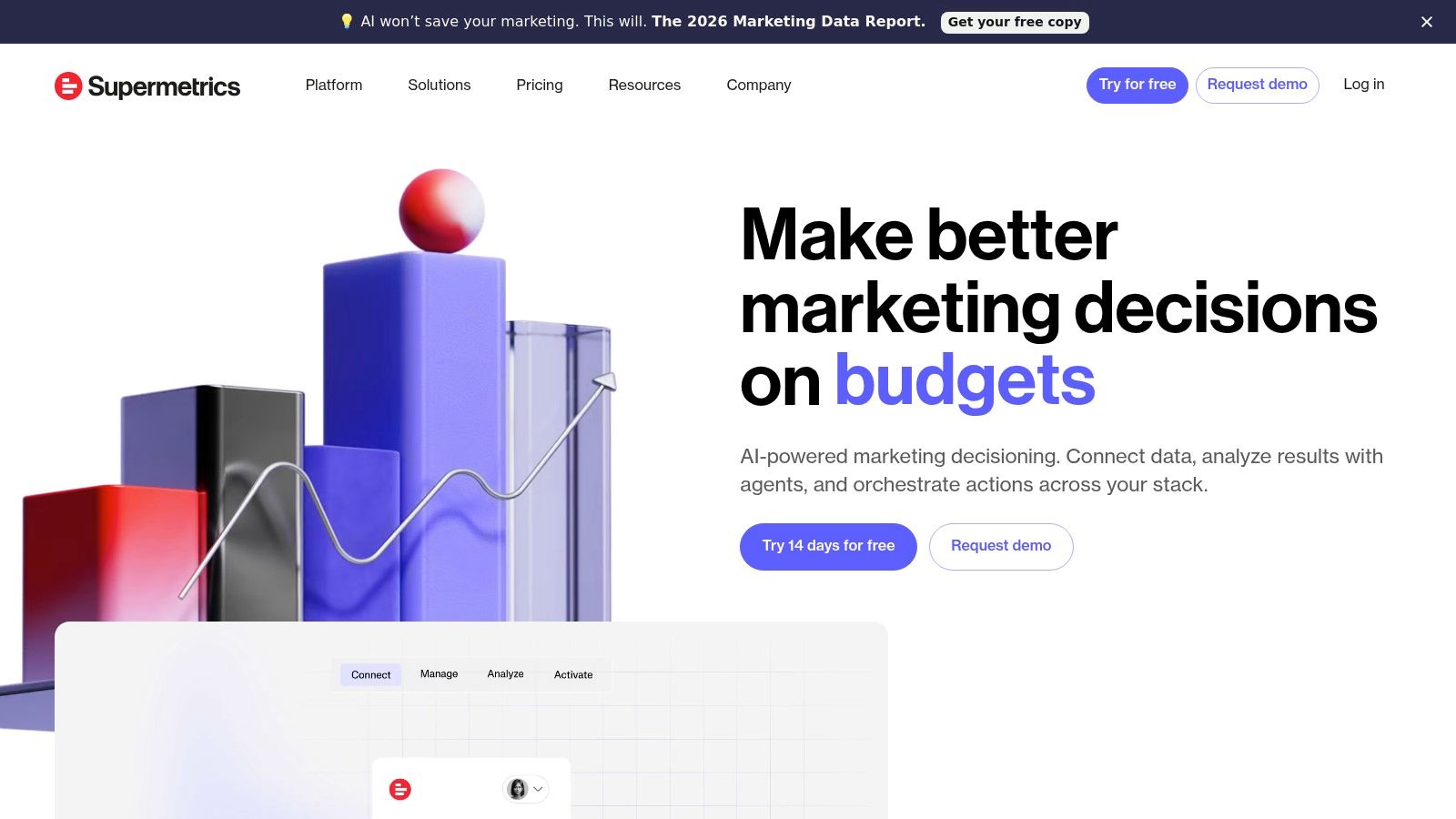 A data integration dashboard from Supermetrics showing various marketing data source connections.