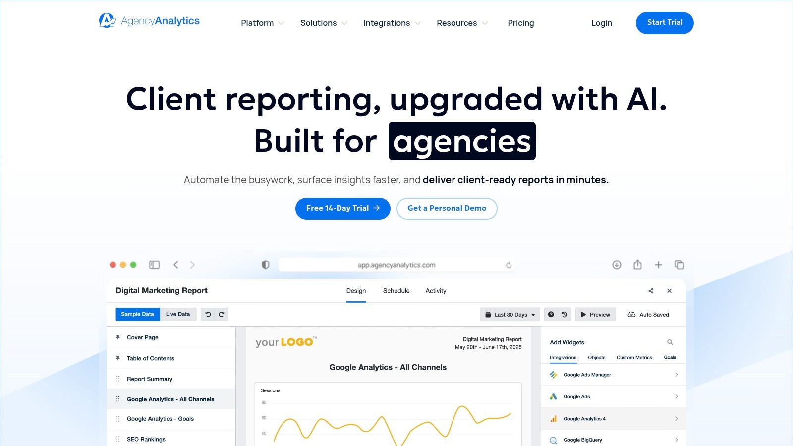 A client reporting dashboard from AgencyAnalytics showing various marketing channel metrics.