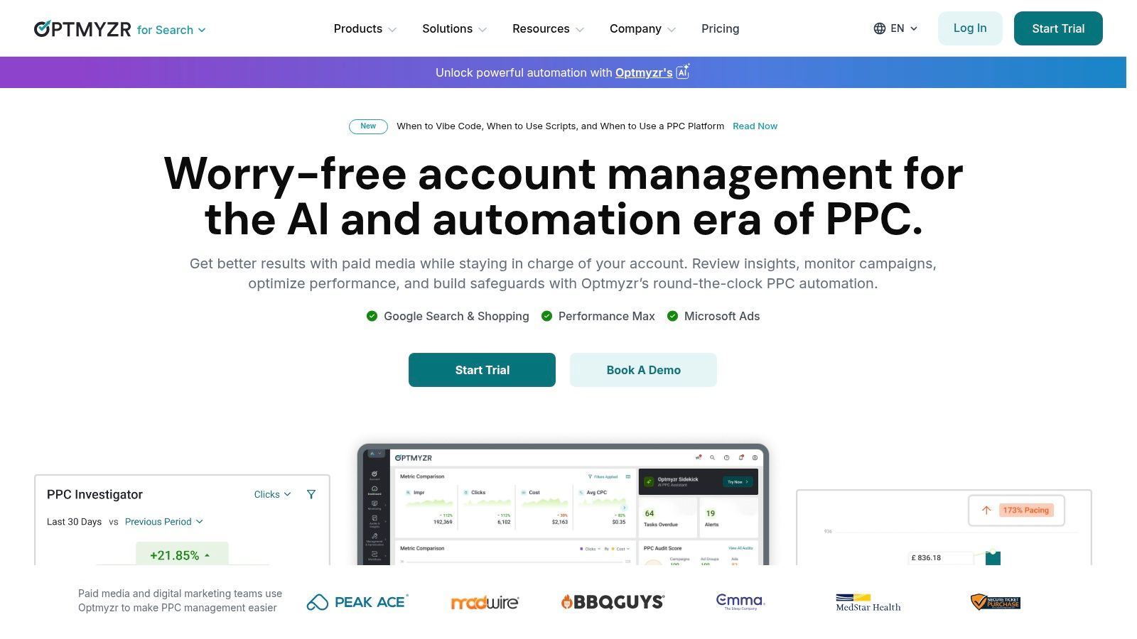 A PPC optimization dashboard from Optmyzr showing multiple ad account metrics.