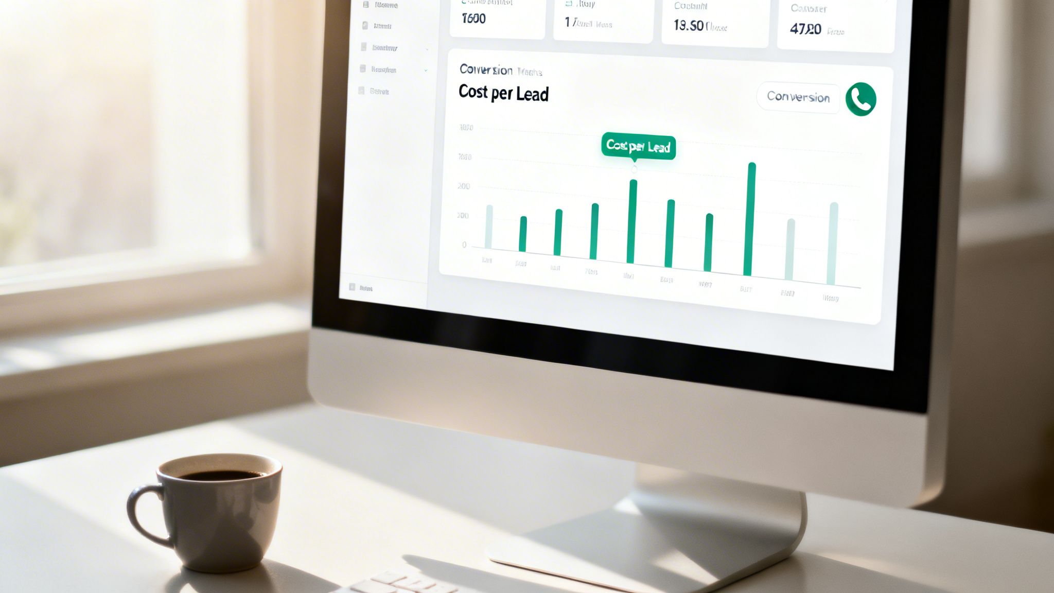 A computer monitor displays a marketing dashboard with a 'Cost per Lead' bar chart and data, next to a coffee cup.