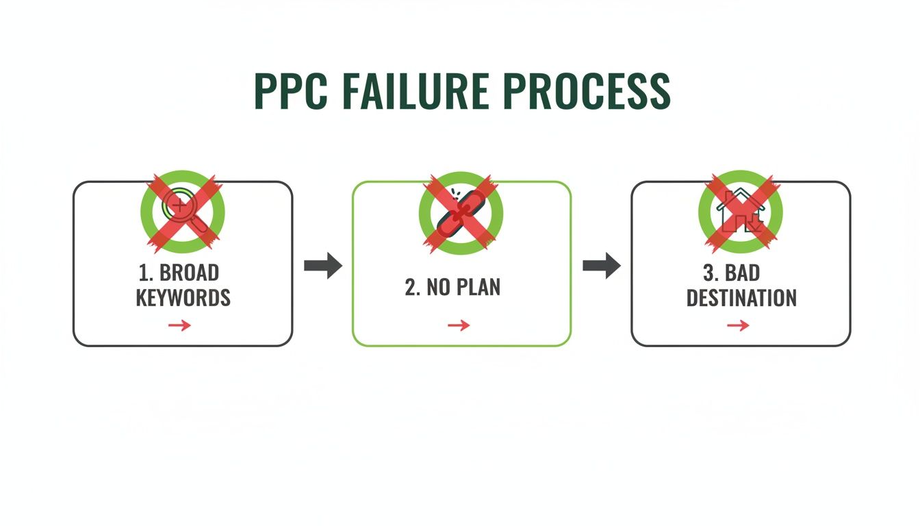 Infographic illustrating the PPC failure process with steps: broad keywords, no plan, and bad destination.