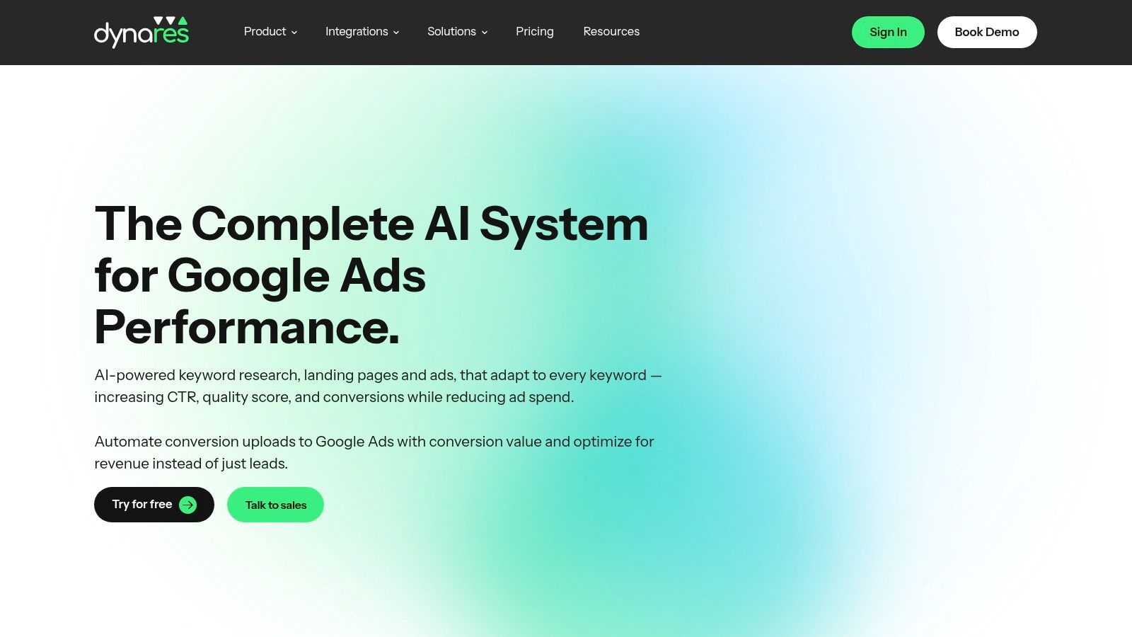 dynares landing page builder interface showing a preview of a generated landing page for a specific keyword.