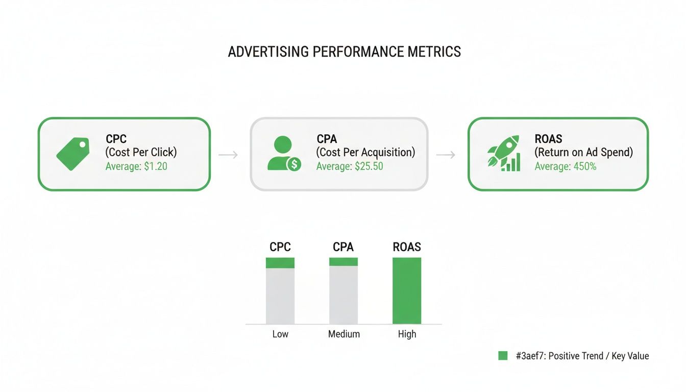 Infographic illustrates advertising performance metrics with low Cost Per Click and Cost Per Acquisition, and high Return On Ad Spend.