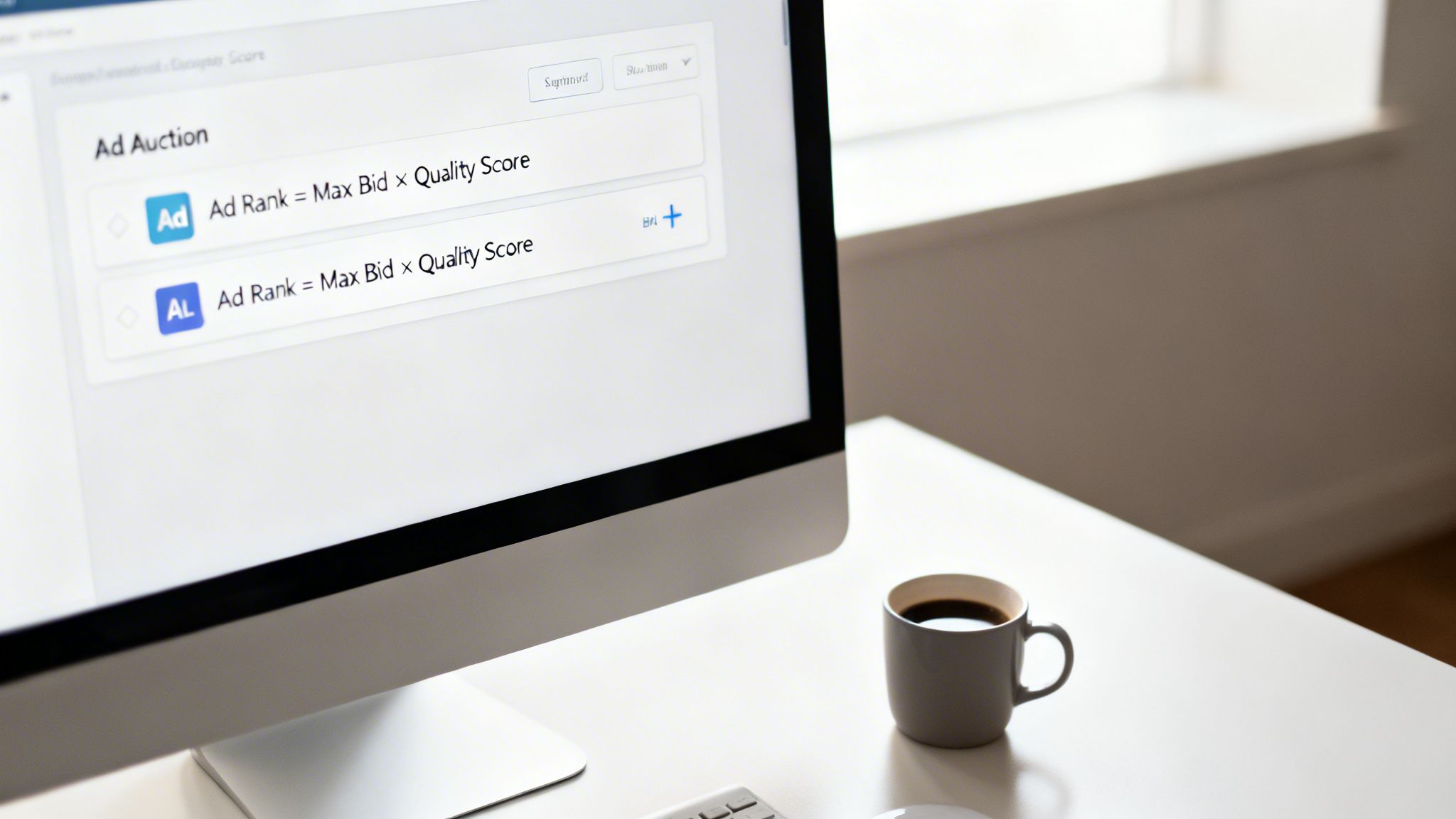 A computer screen displays ad auction formulas and quality scores, with a coffee mug nearby.