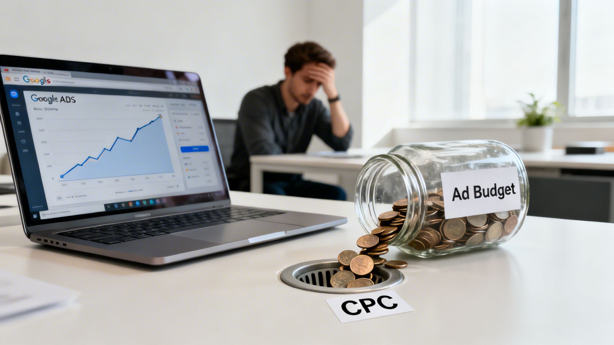 Google Ads graph on laptop, 'Ad Budget' draining into 'CPC' sink, with a stressed person.
