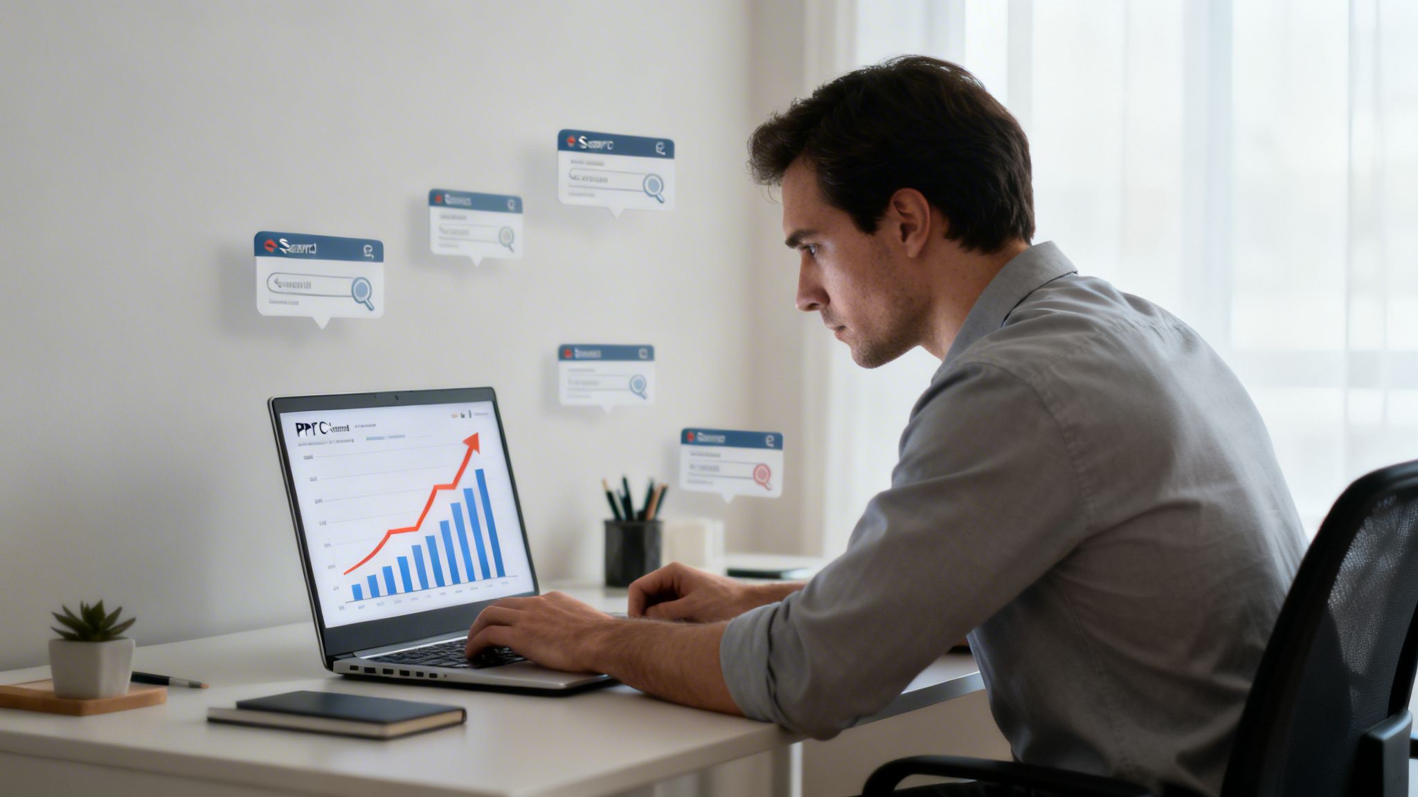 A man analyzing a PPC campaign on a laptop, showing a rising graph and floating search elements.