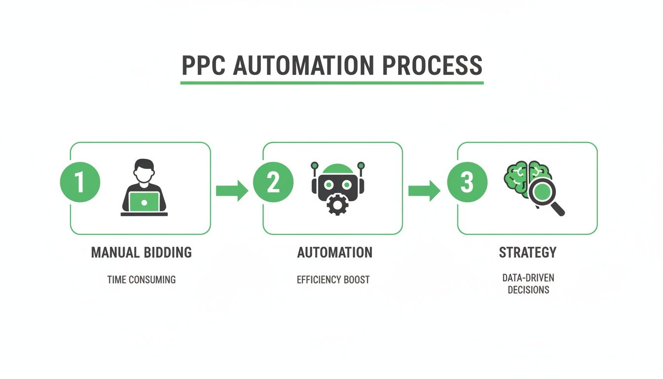 A diagram outlining the PPC automation process, from manual bidding to data-driven strategic decisions.