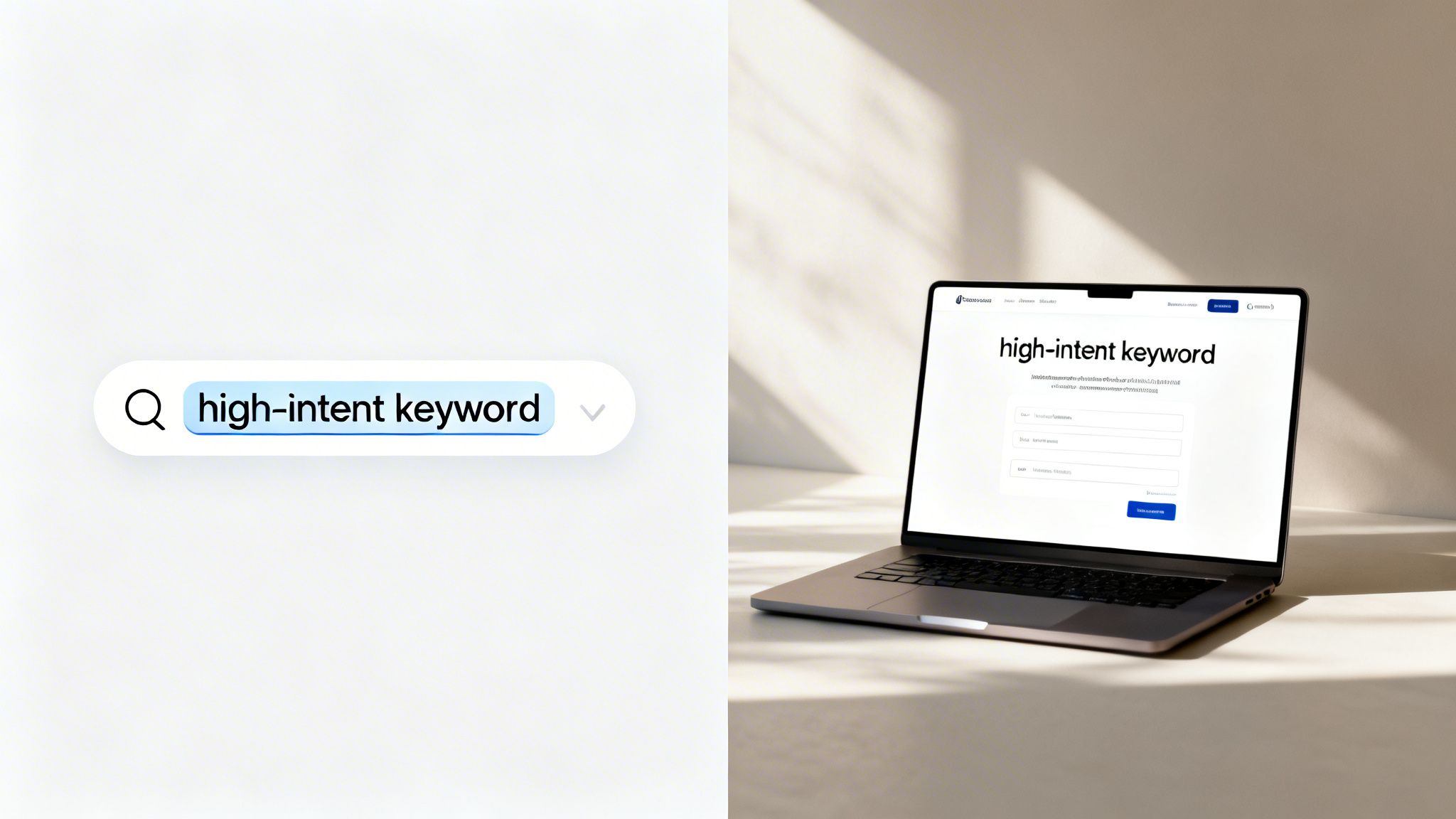 A search bar showing 'high-intent keyword' next to a laptop displaying the same text on a webpage.