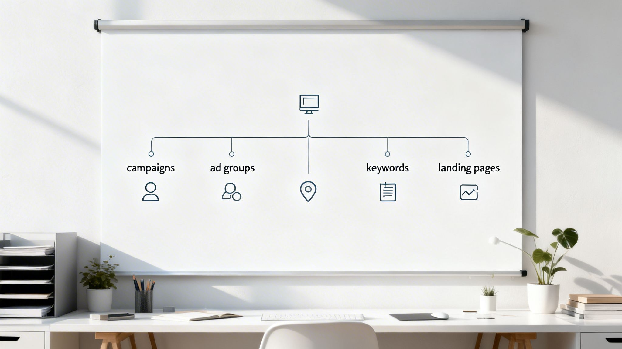 A whiteboard displays a PPC campaign structure diagram with campaigns, ad groups, keywords, and landing pages.