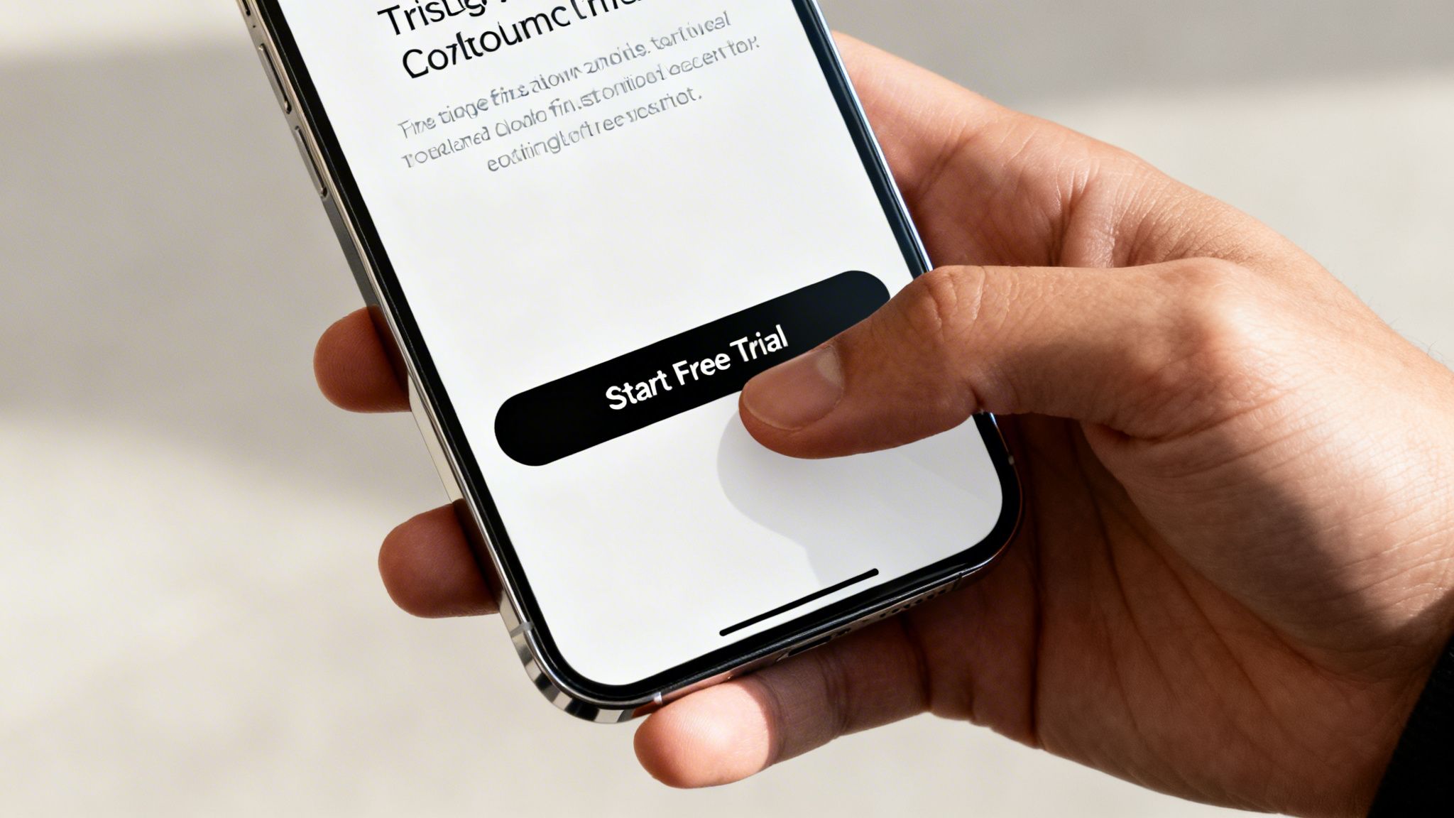 A person holds a smartphone displaying a 'Start Free Trial' button, ready to tap it.