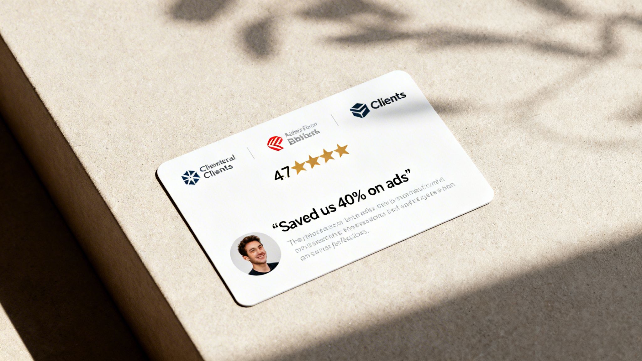 White testimonial card featuring a happy client's photo, 4.7-star rating, and a positive quote.