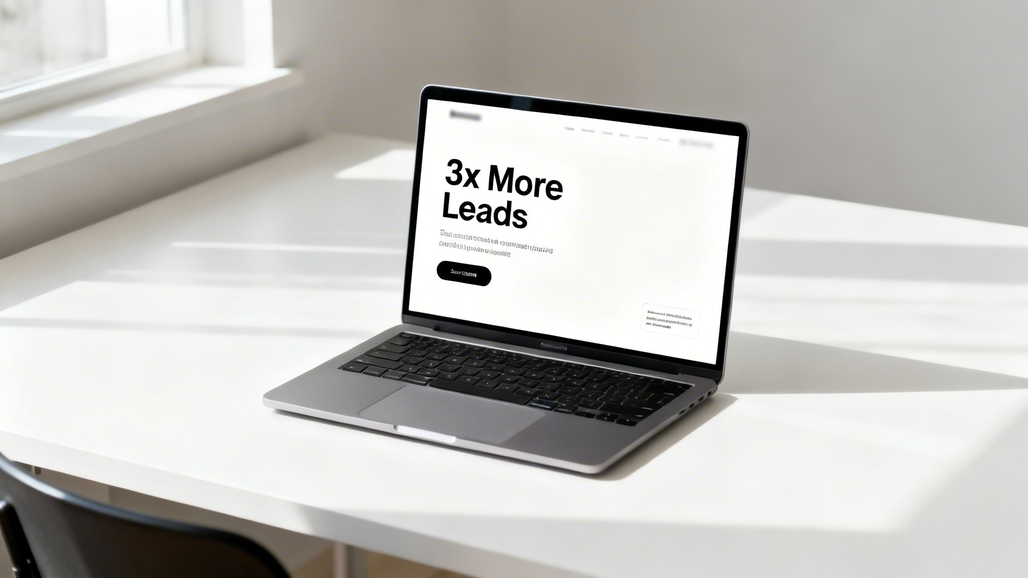 A modern silver laptop on a clean white desk, displaying a website with '3x More Leads' text.