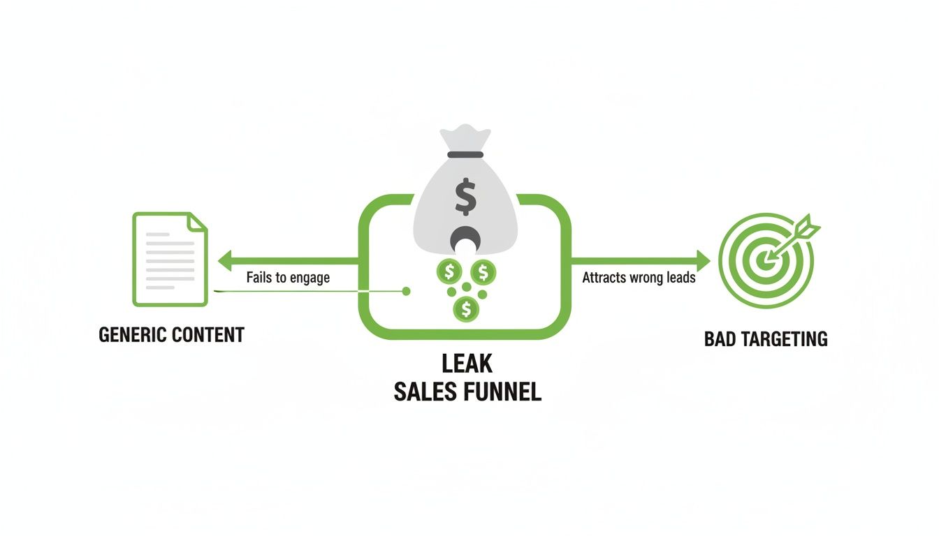 Diagram illustrating a leak sales funnel, showing how generic content and bad targeting lead to lost revenue.