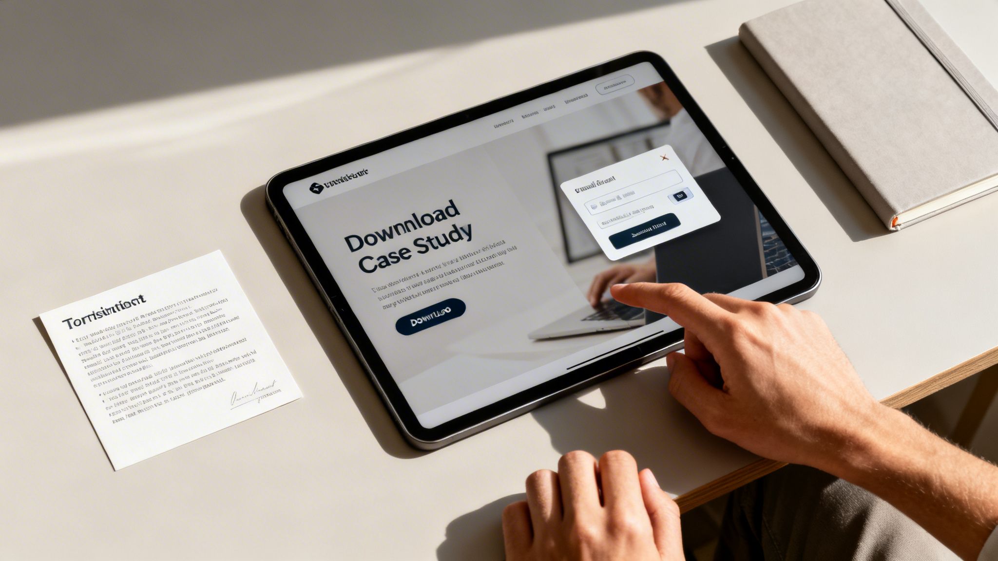 A person's hand interacting with a tablet displaying a 'Download Case Study' webpage and a login form.