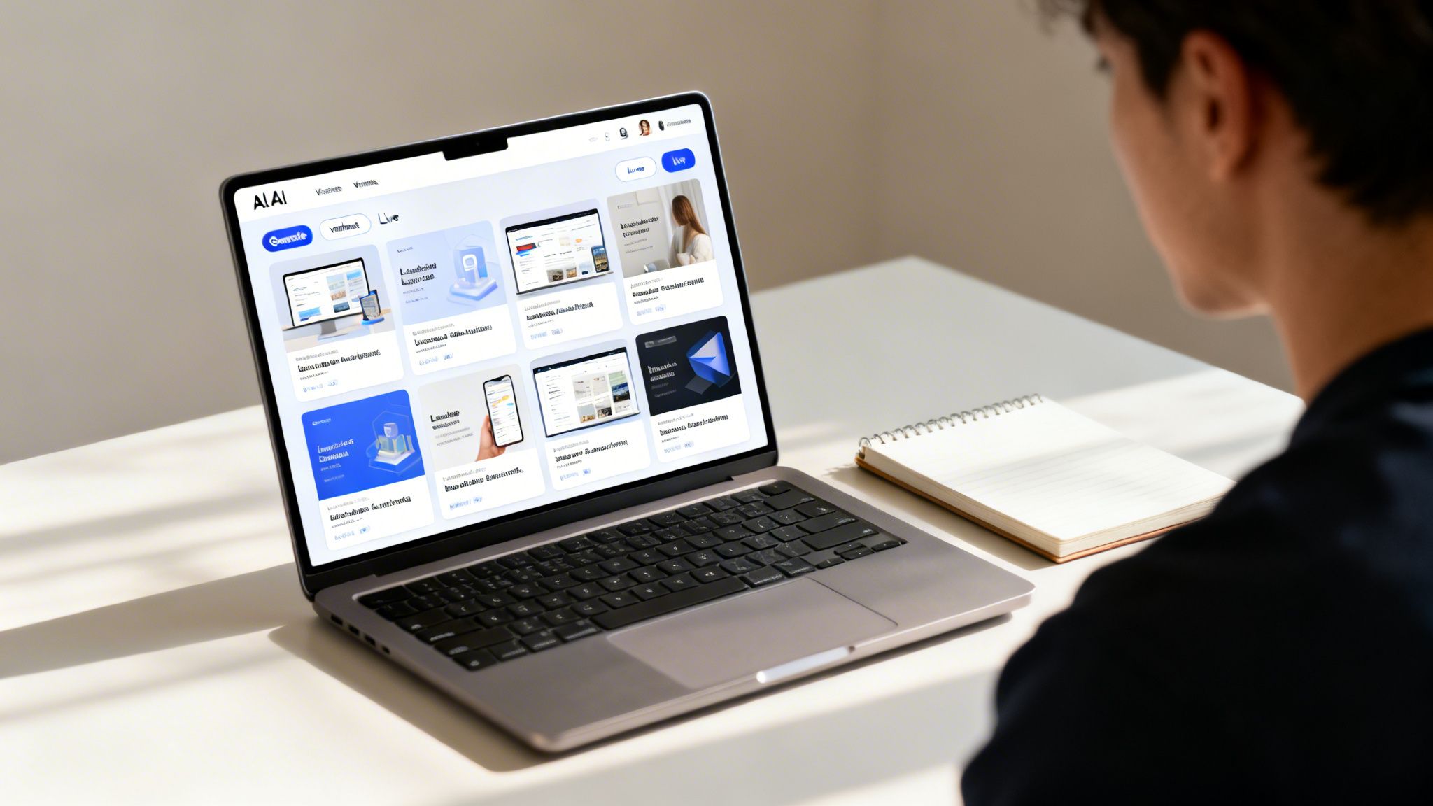 A person views a content creation platform on a laptop with various templates and a notebook.