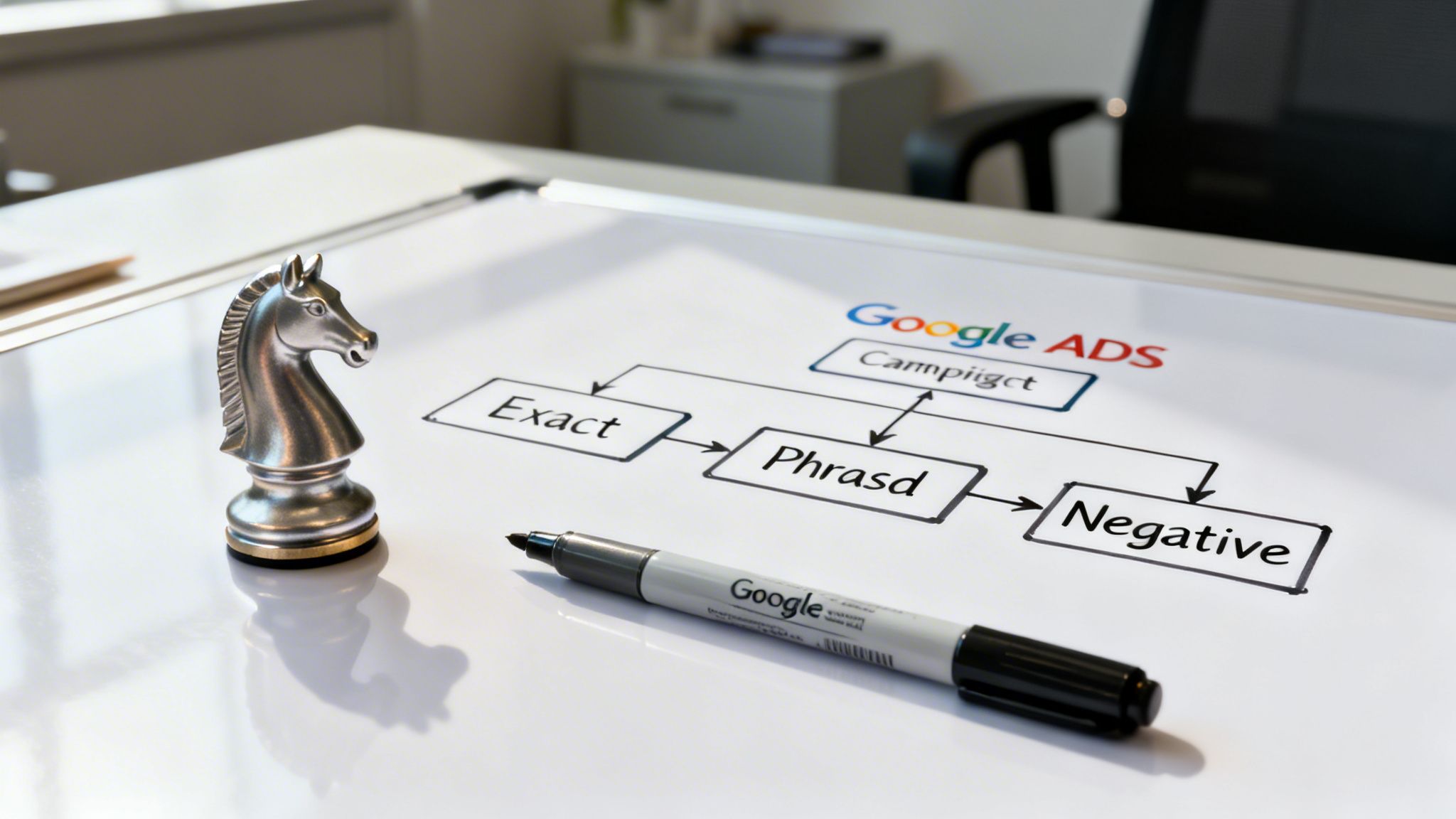 Chess knight on a whiteboard with Google Ads keyword match type flowchart (exact, phrase, negative).