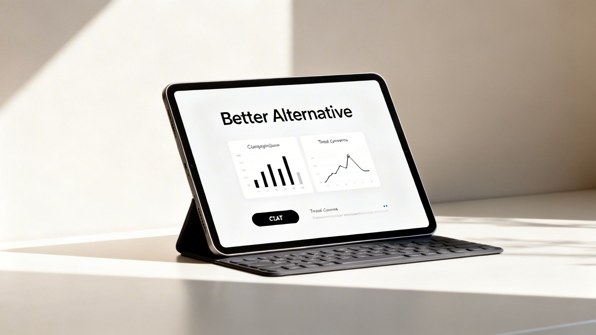 A tablet with a black keyboard displays a 'Better Alternative' dashboard with graphs on a table.