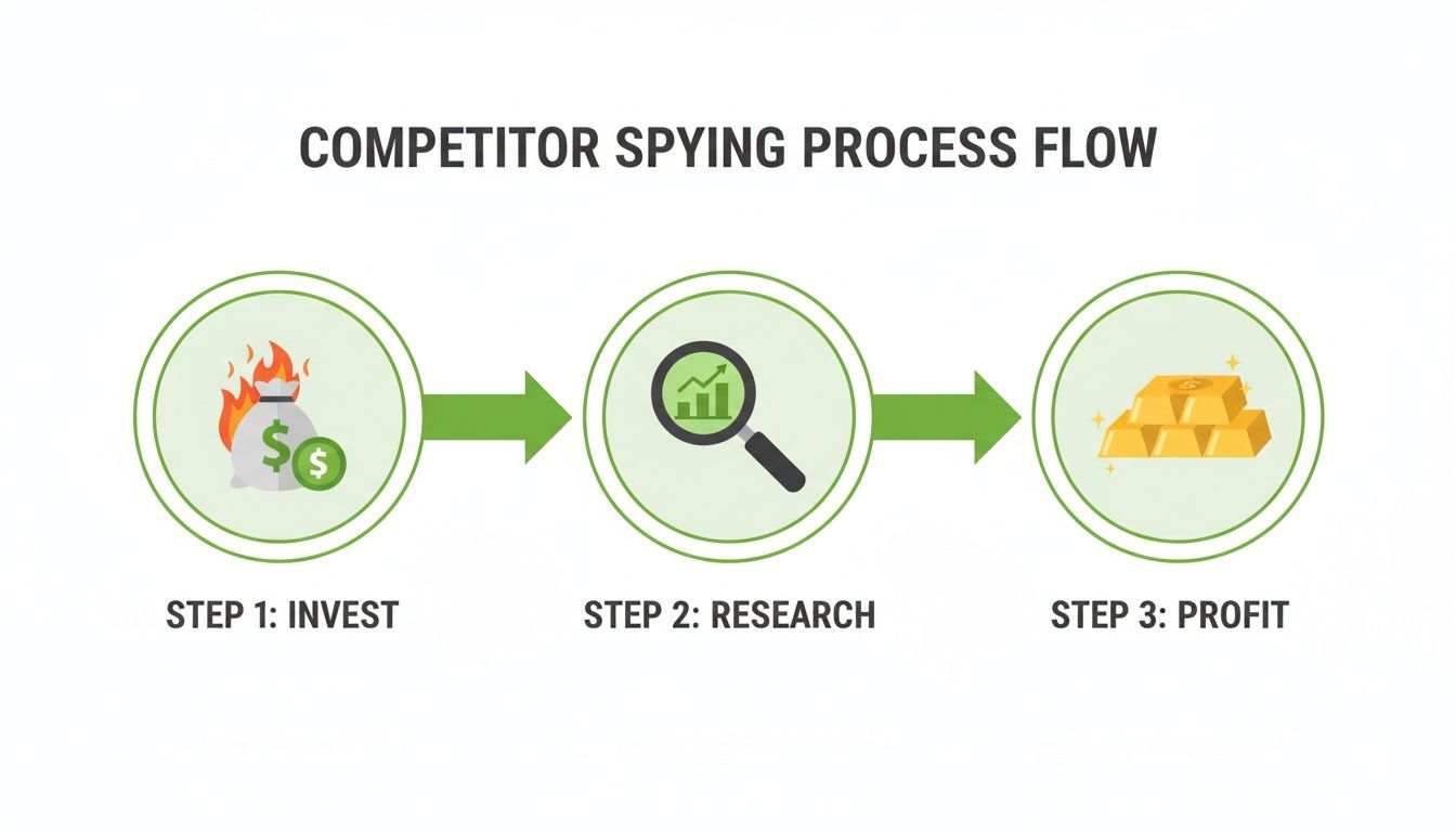 A three-step process flow showing competitor spying: Invest, Research, and Profit.