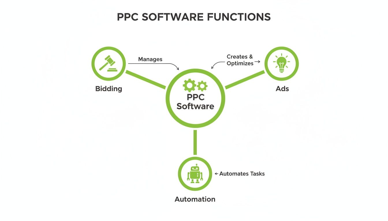 Diagram illustrating PPC software functions: managing bidding, creating and optimizing ads, and automating tasks.