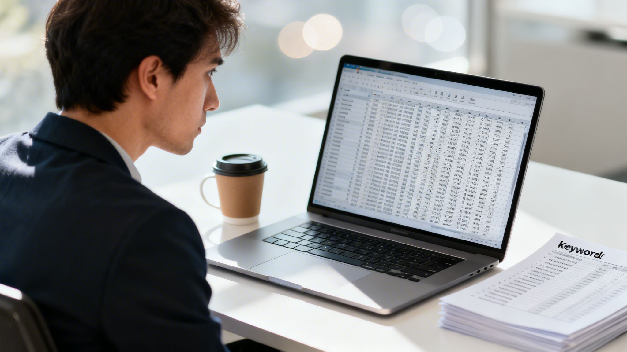 Young man in a suit intensely analyzing data on a laptop spreadsheet with coffee and papers.