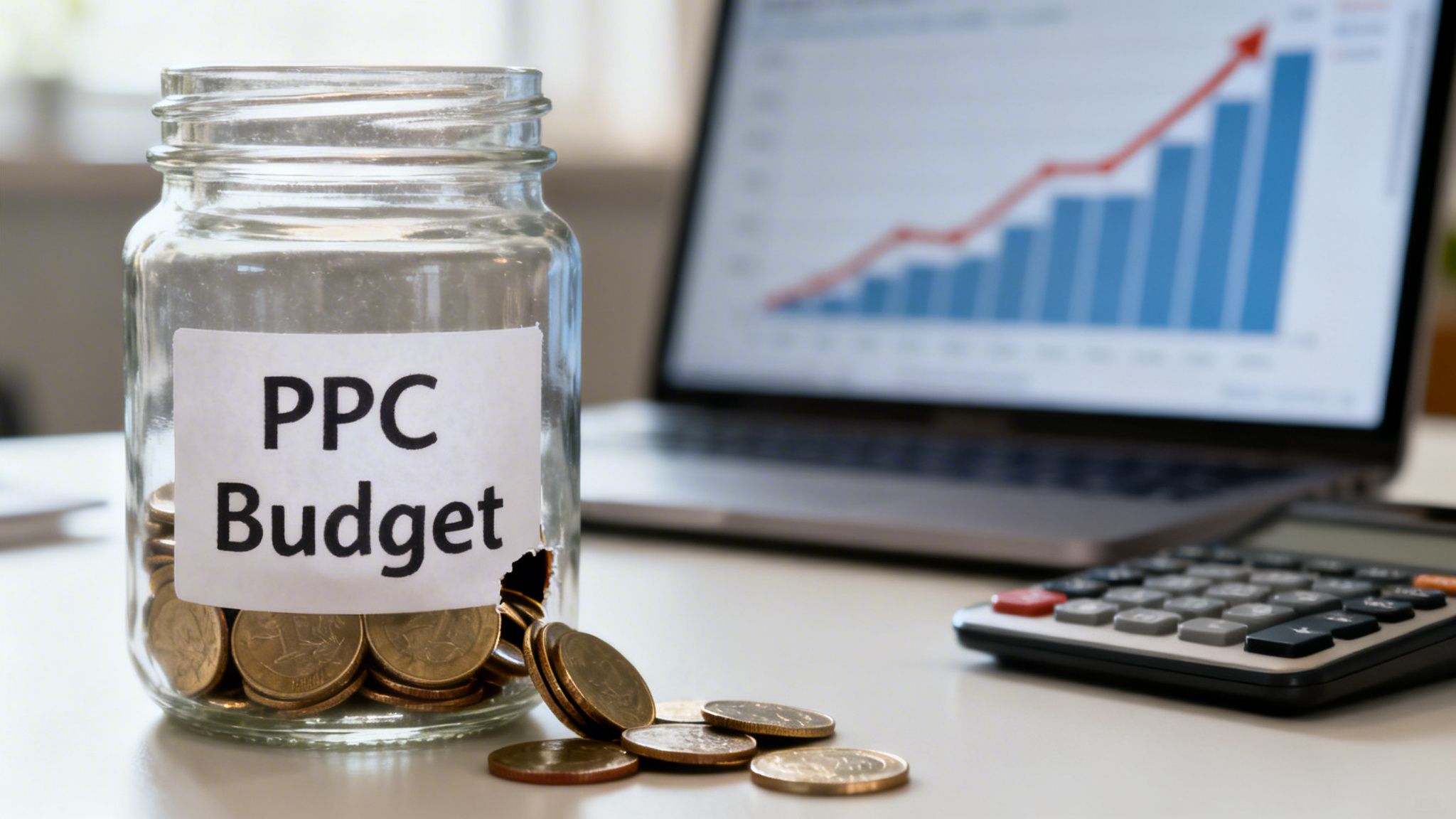 A glass jar labeled 'PPC Budget' filled with coins, next to a laptop showing a growing graph and a calculator.