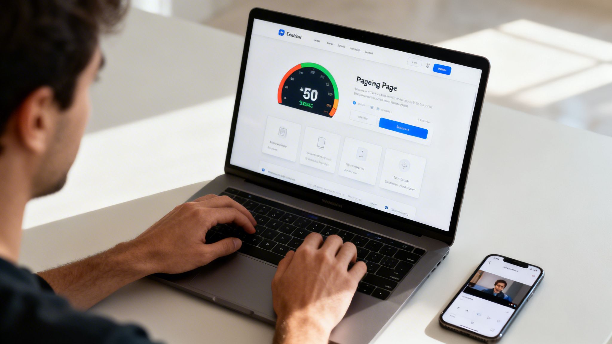 A person typing on a MacBook laptop displaying a dashboard, with a smartphone playing a video.