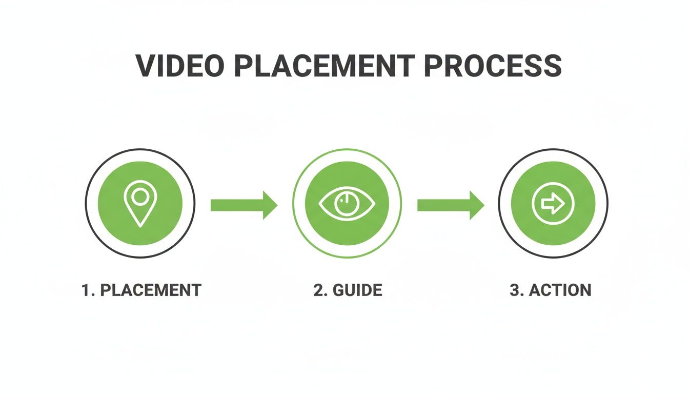 A horizontal infographic illustrates the video placement process in three steps: placement, guide, and action.