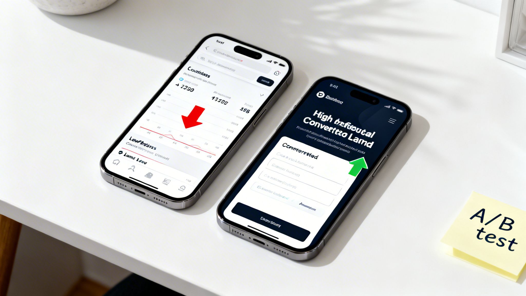 Two iPhones display data analytics and A/B test results, showing both downward and upward trends.