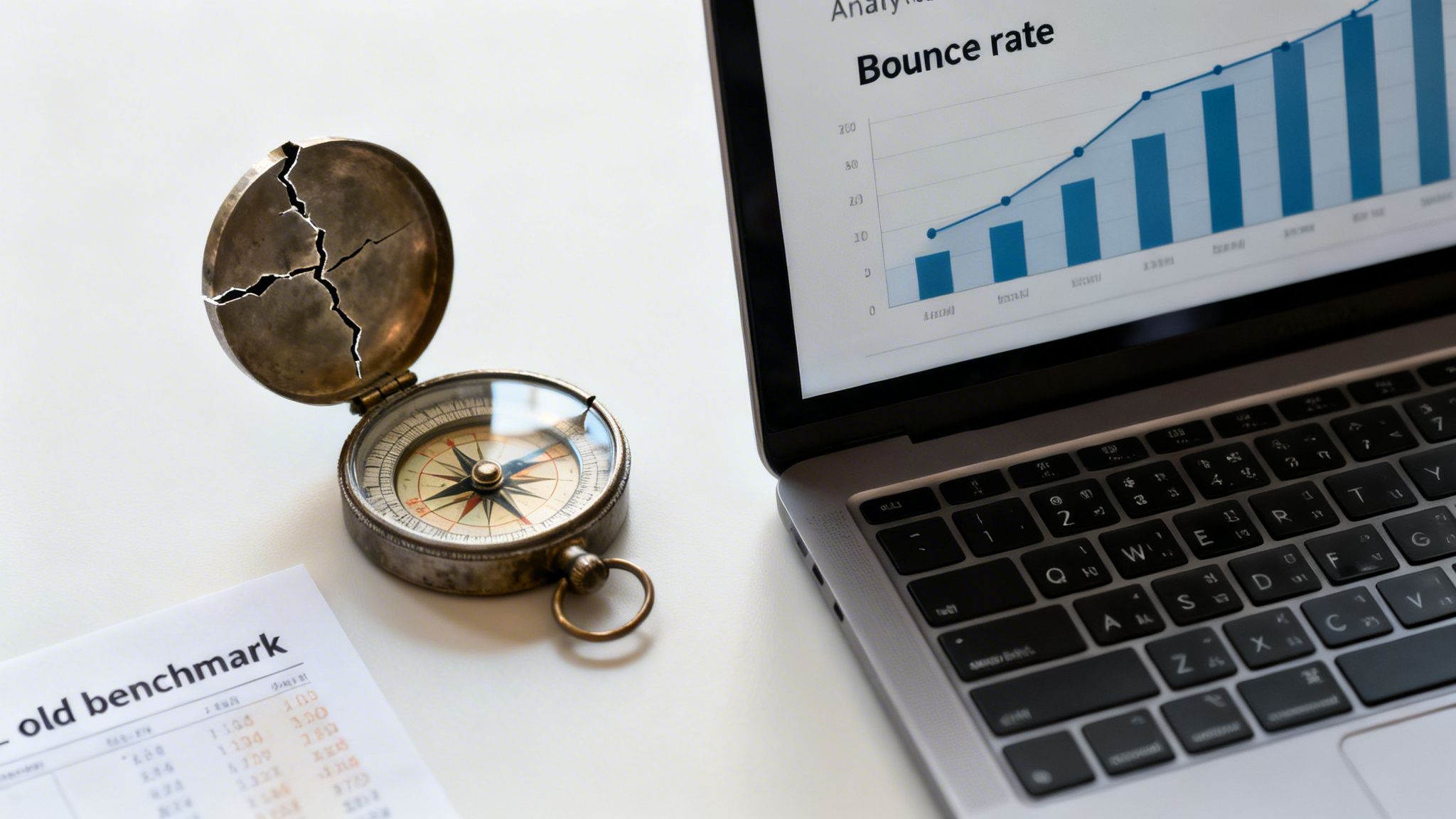 Laptop displaying a bounce rate graph next to a broken compass and business document.