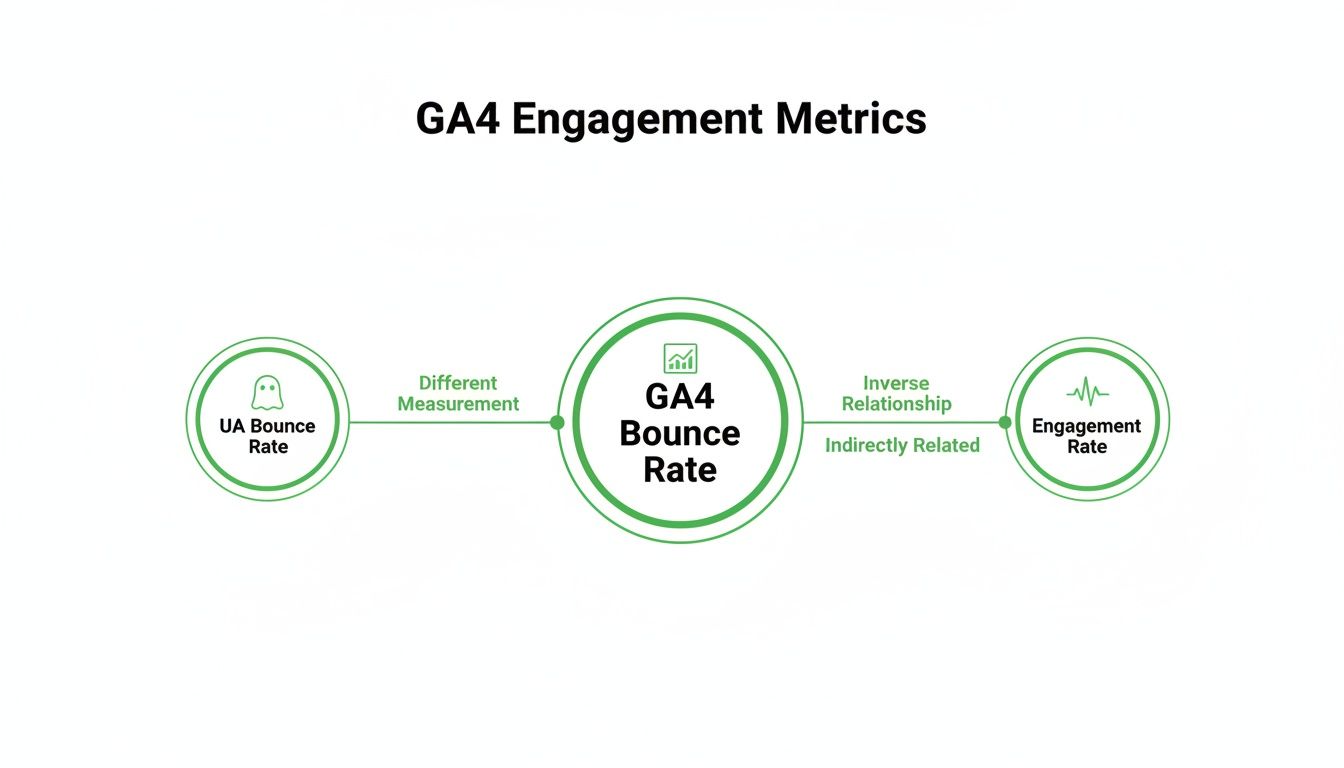 Diagram illustrating the relationship between UA Bounce Rate, GA4 Bounce Rate, and Engagement Rate.