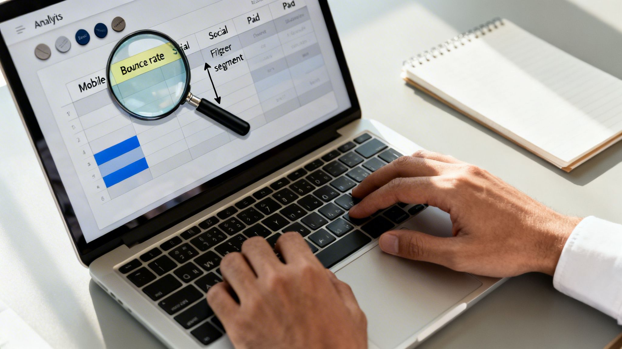 Hands typing on a laptop, analyzing data with a magnifying glass highlighting 'Bounce rate' on a screen.