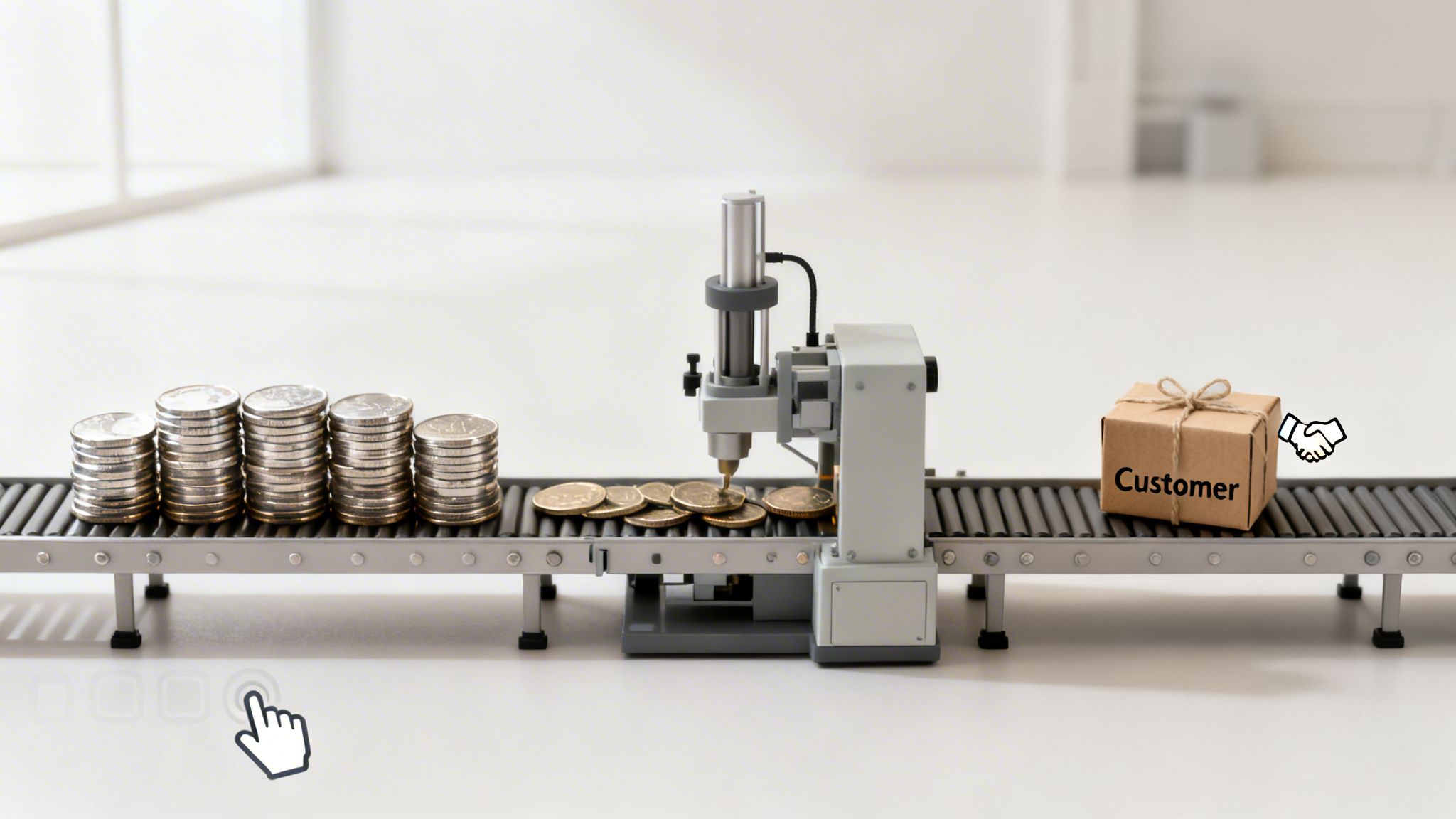 A conveyor belt shows money processing into a customer package, symbolizing business value creation.