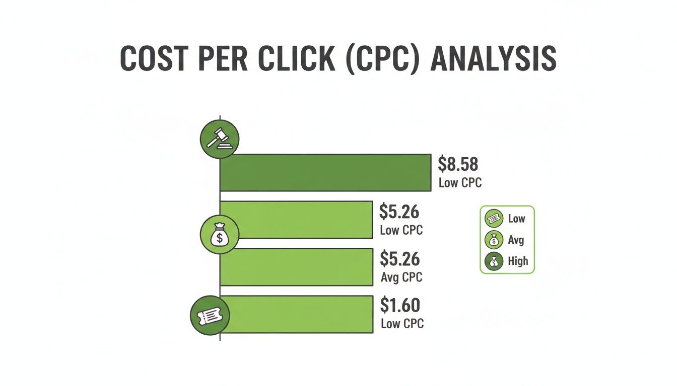 Bar chart illustrating Cost Per Click (CPC) analysis, showing multiple values classified as low or average.