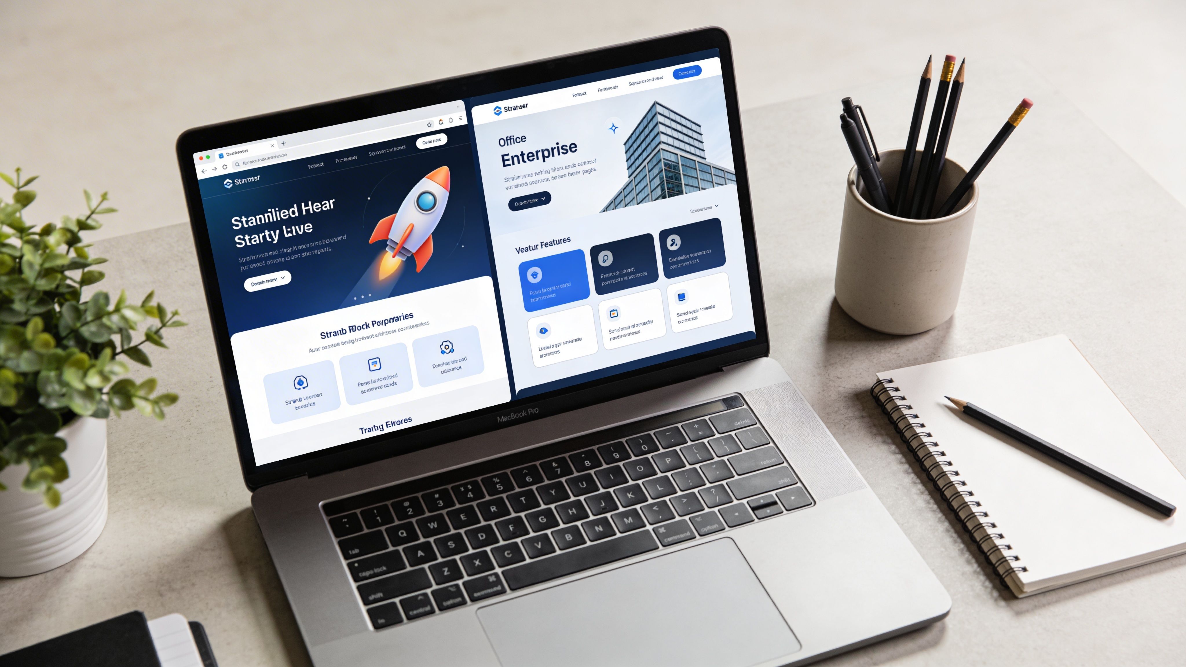 A sleek MacBook Pro open on a modern desk with a plant, notebook, pens, and a webpage displayed.