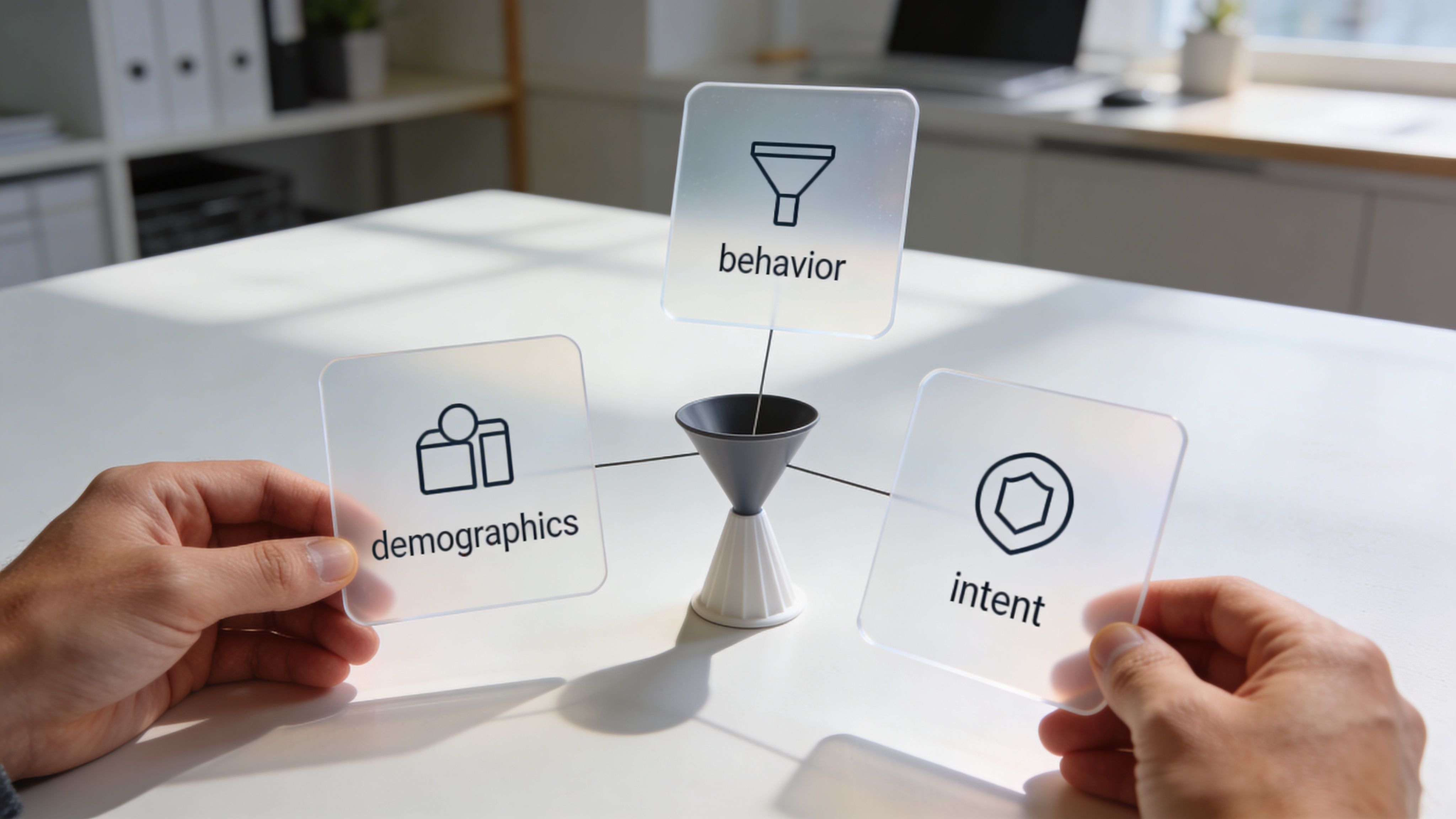Hands holding translucent squares representing behavioral, demographic, and intent data focused on a marketing funnel conceptual model.