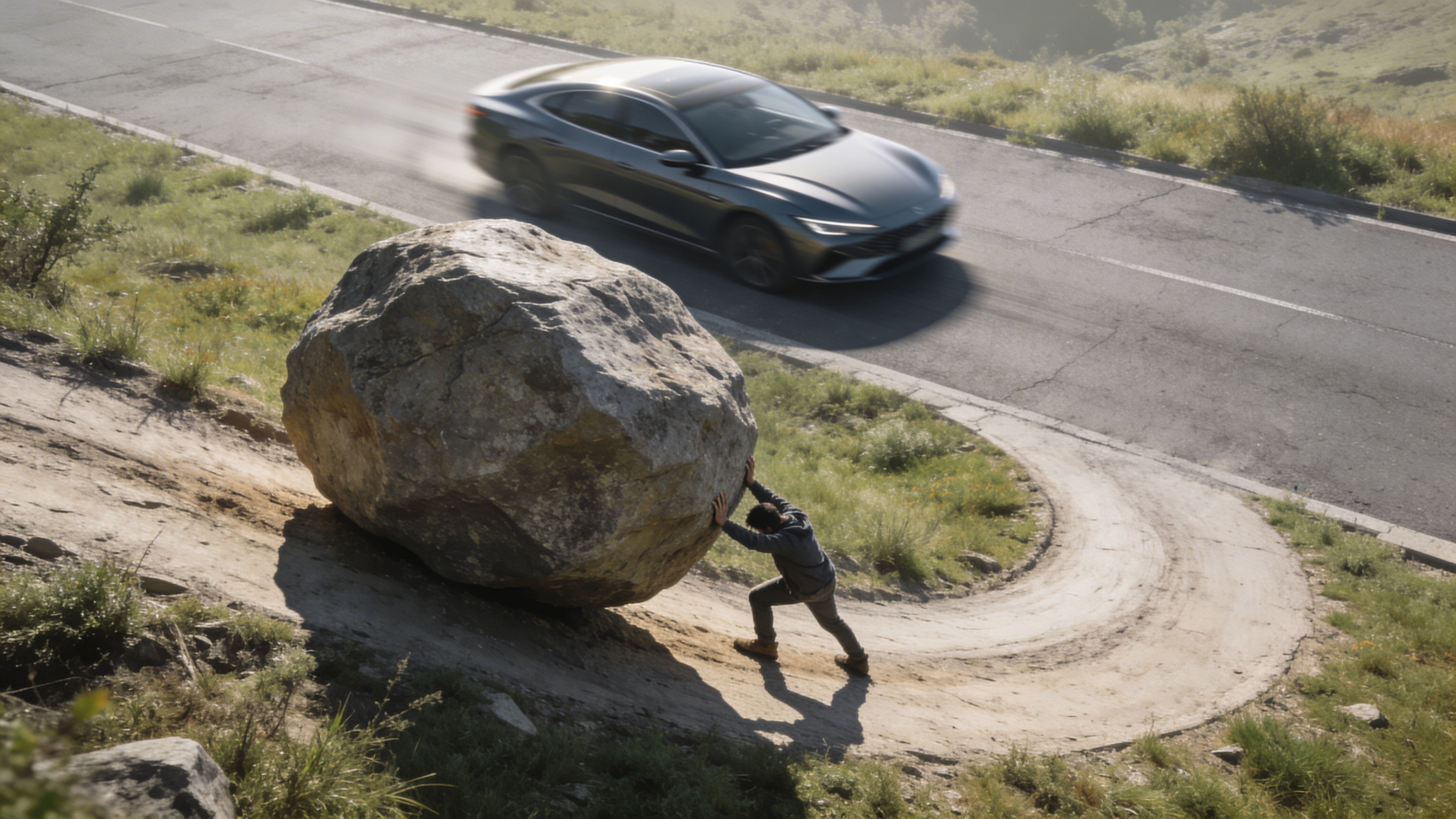 A person pushing a large boulder uphill while a modern car drives on the road above.