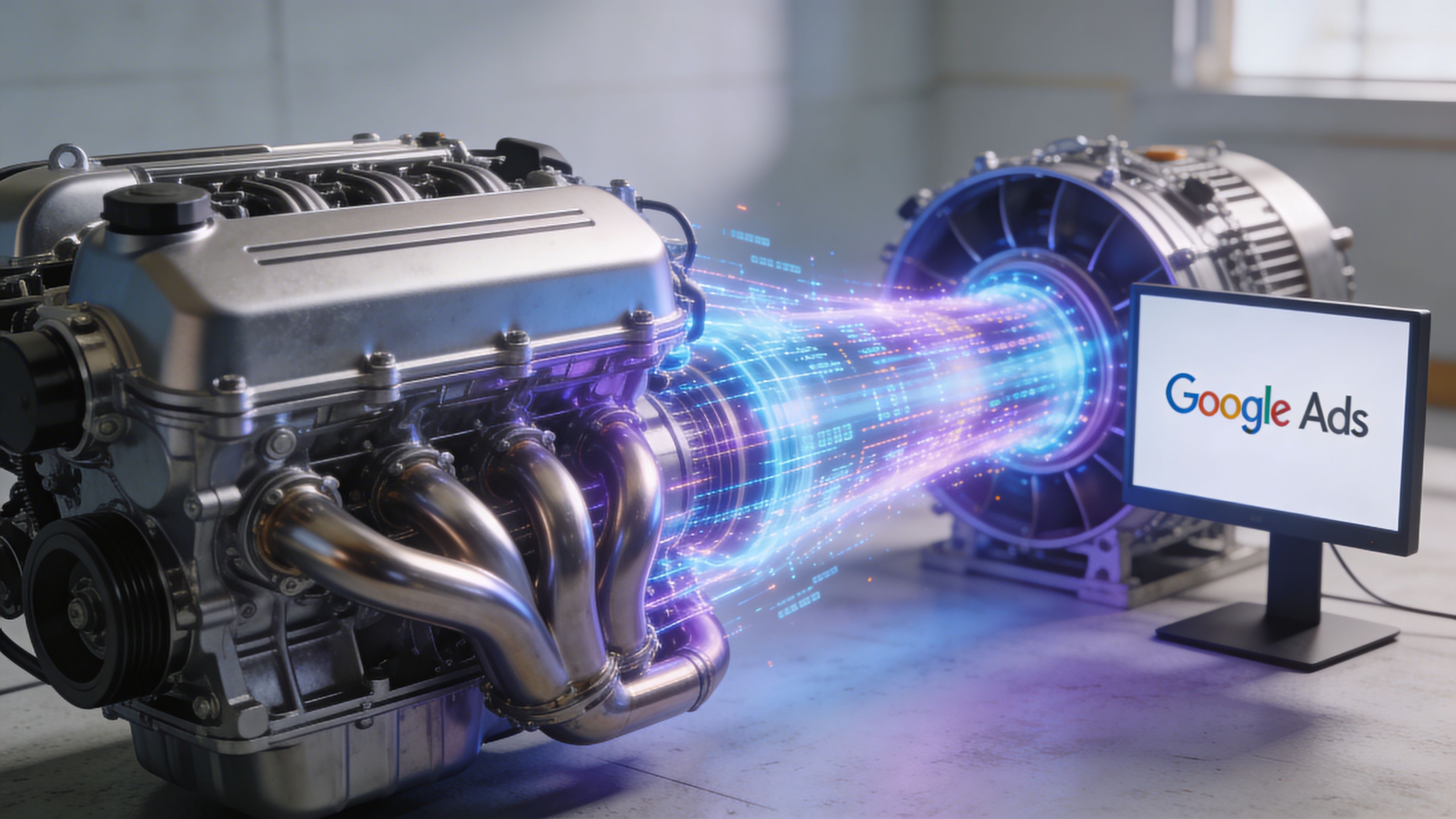 A conceptual image showing a mechanical car engine powering digital Google Ads technology with light effects.