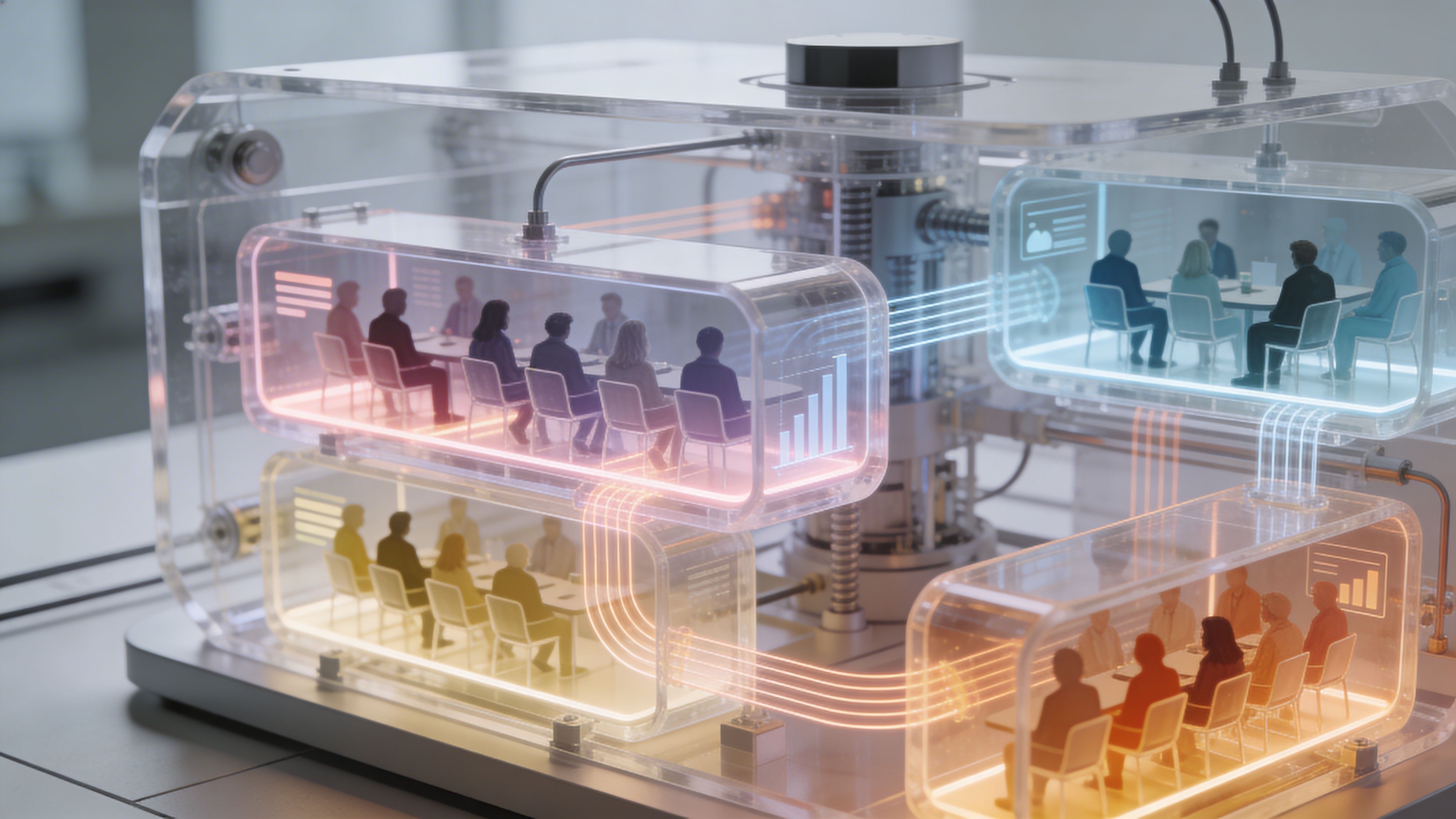 A 3D conceptual model showing miniature people inside multiple glowing interconnected office meeting rooms in a futuristic device.