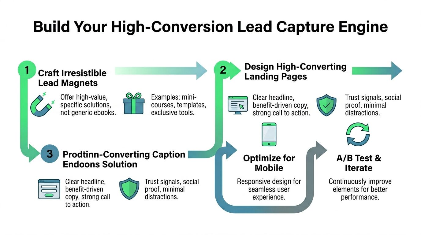 A diagram outlining the steps to build a high-converting lead capture engine for digital marketing growth.