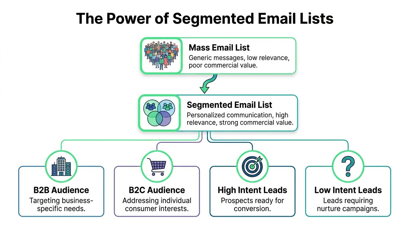 A diagram illustrating how mass email lists evolve into segmented lists for improved marketing performance.