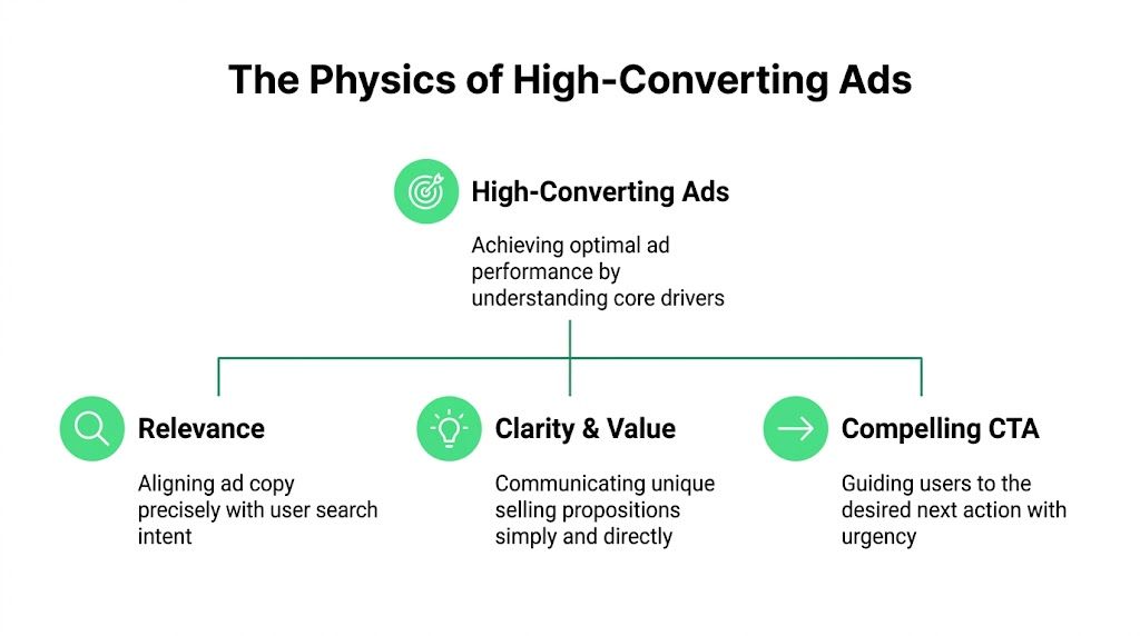 A diagram illustrating the three core drivers of high-converting ads: relevance, clarity and value, and compelling CTA.