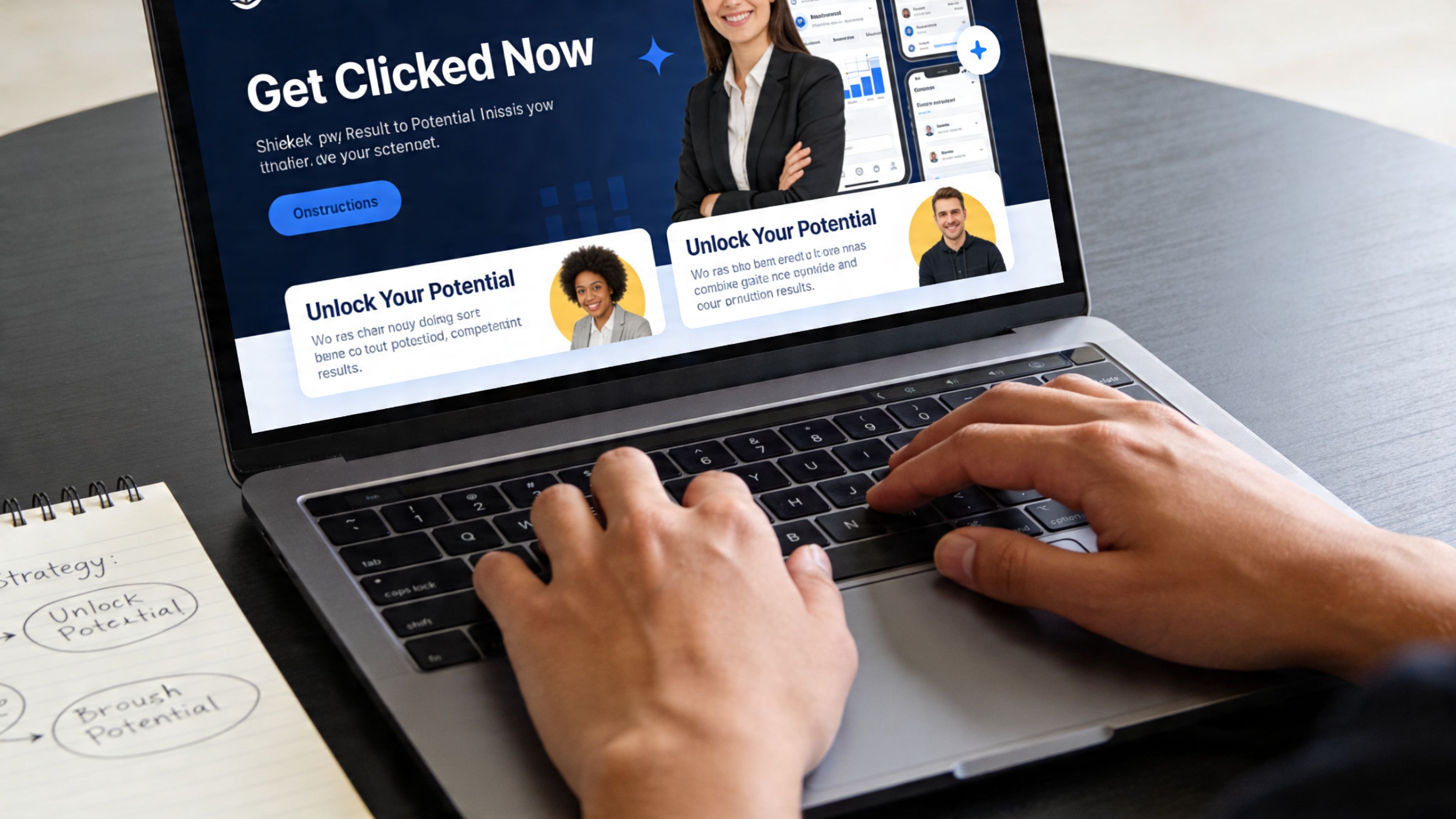 A person typing on a laptop displaying a business website with professional growth and ad copy features.