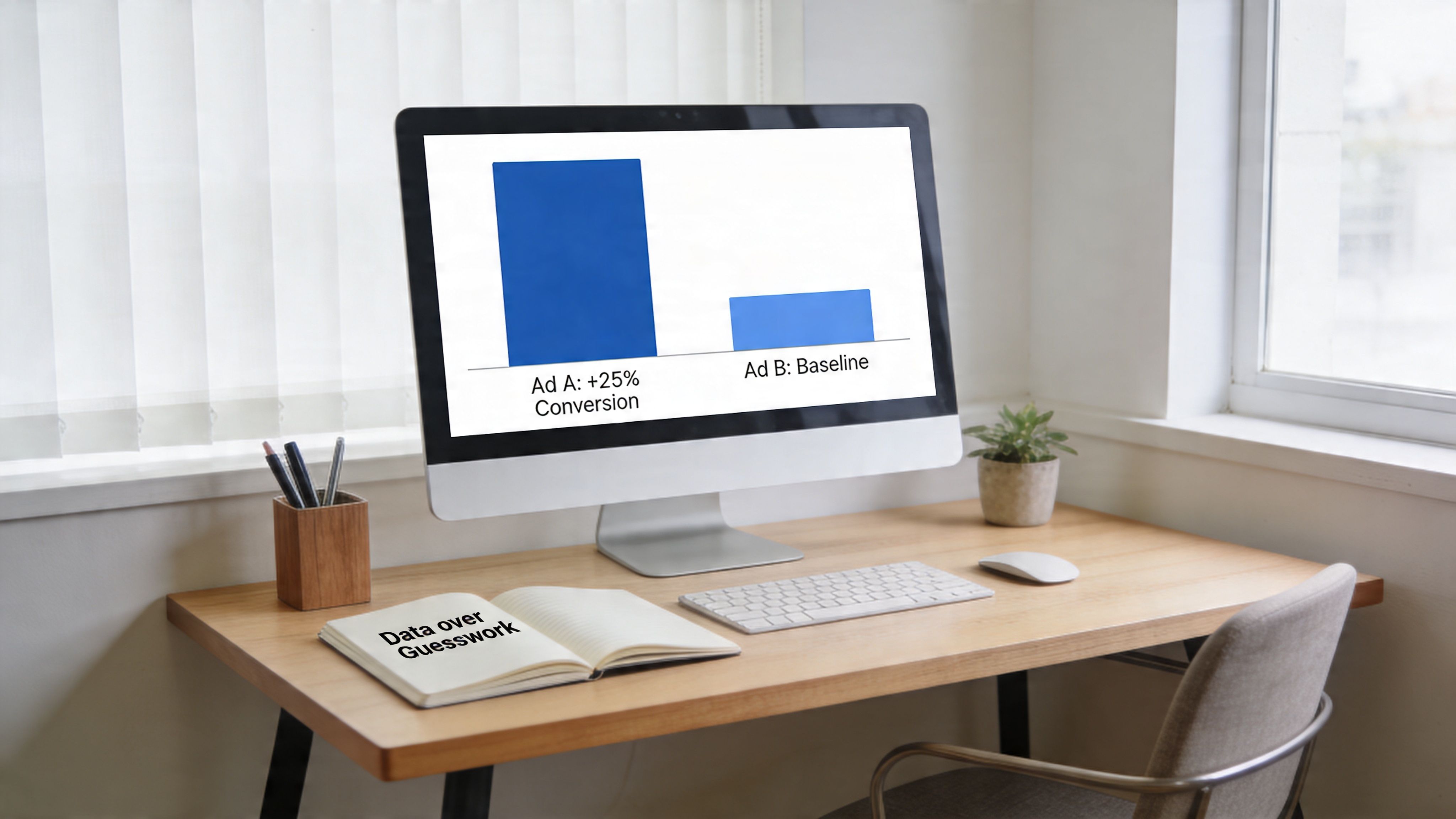 A computer monitor on a desk showing a bar chart comparing ad conversion rates and a notebook.