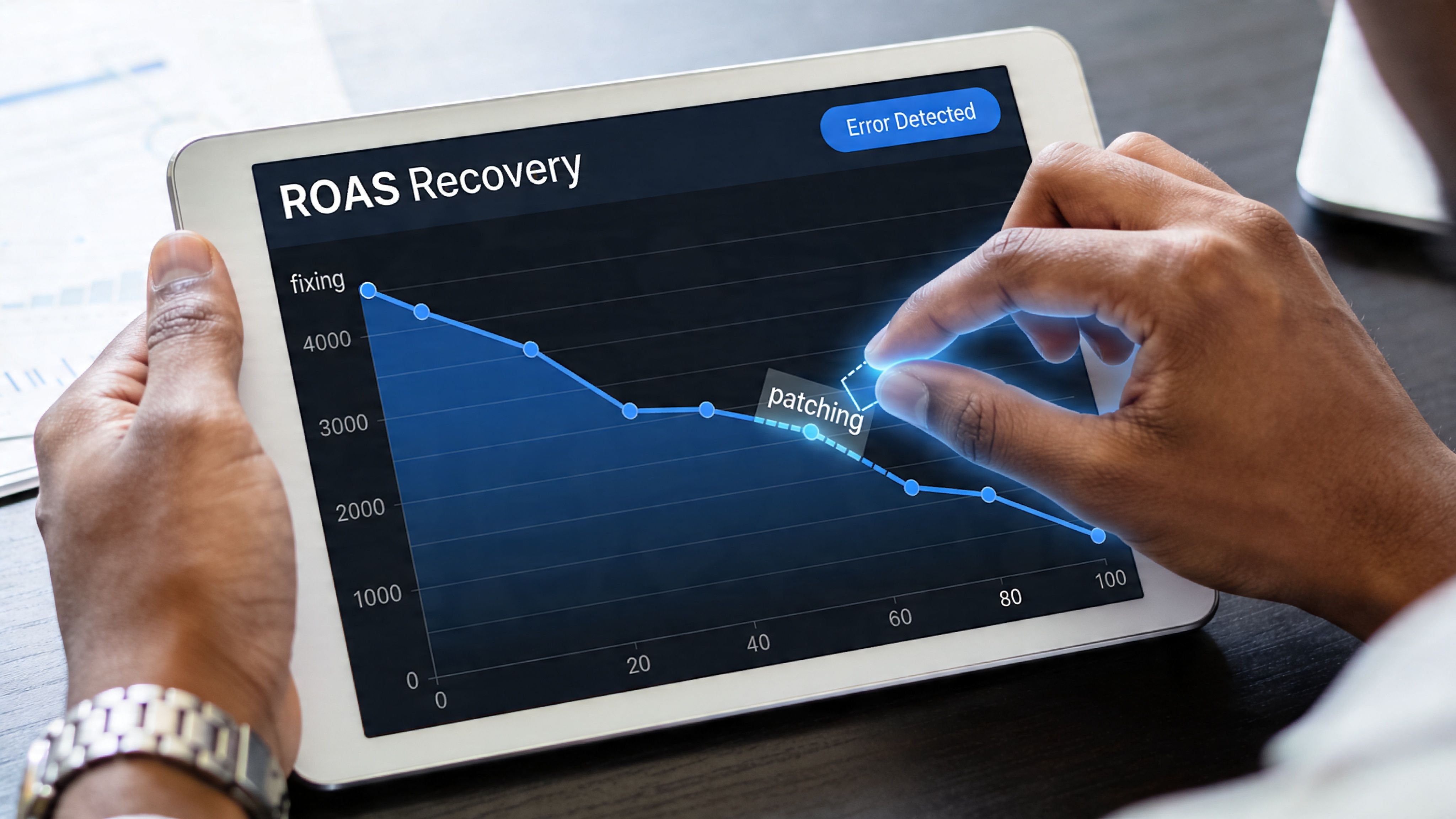 A professional analyzing a downward trend chart labeled ROAS Recovery on a digital tablet screen.