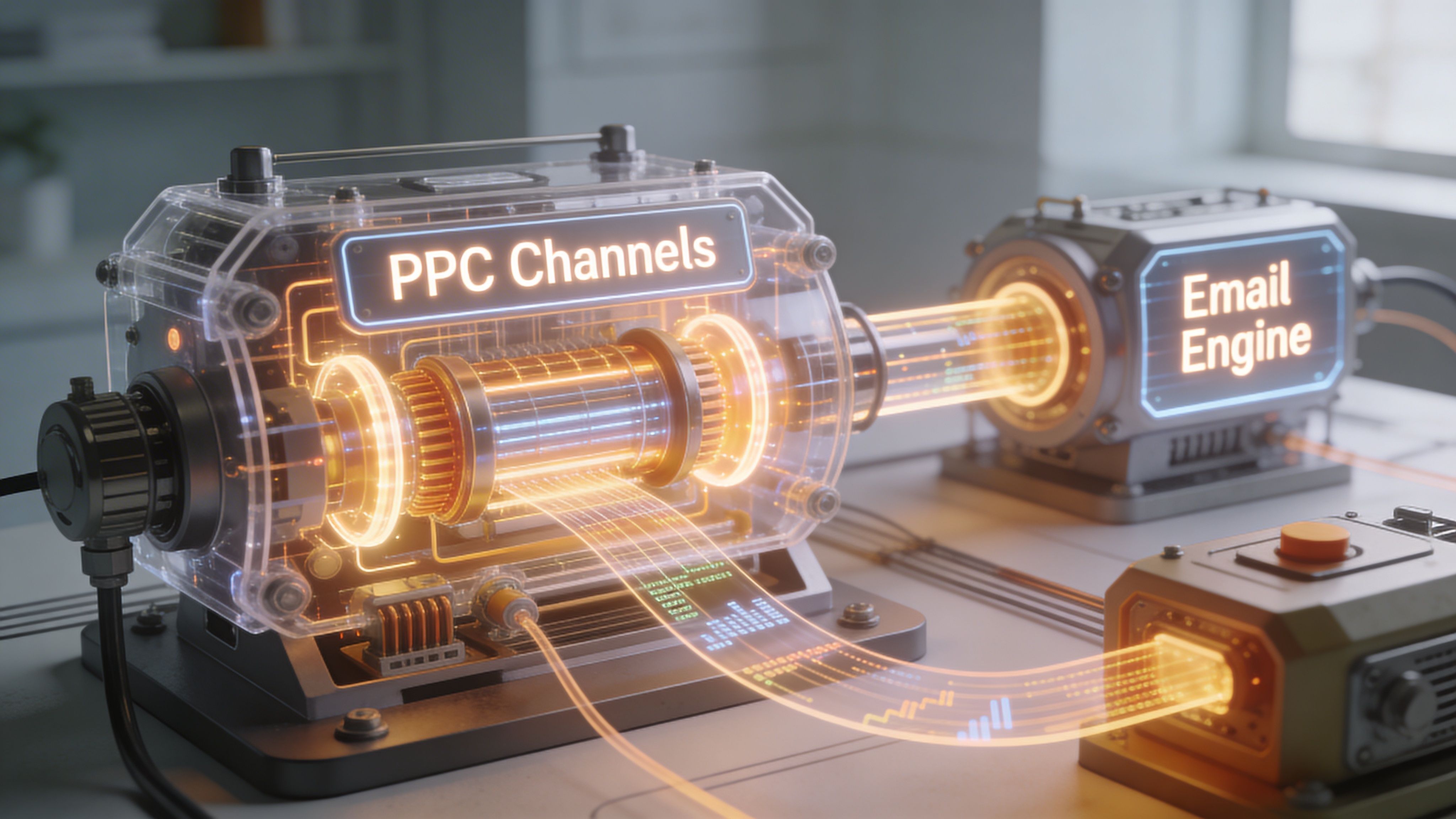 A conceptual industrial engine illustration connecting PPC channels to an email engine for digital lead generation.