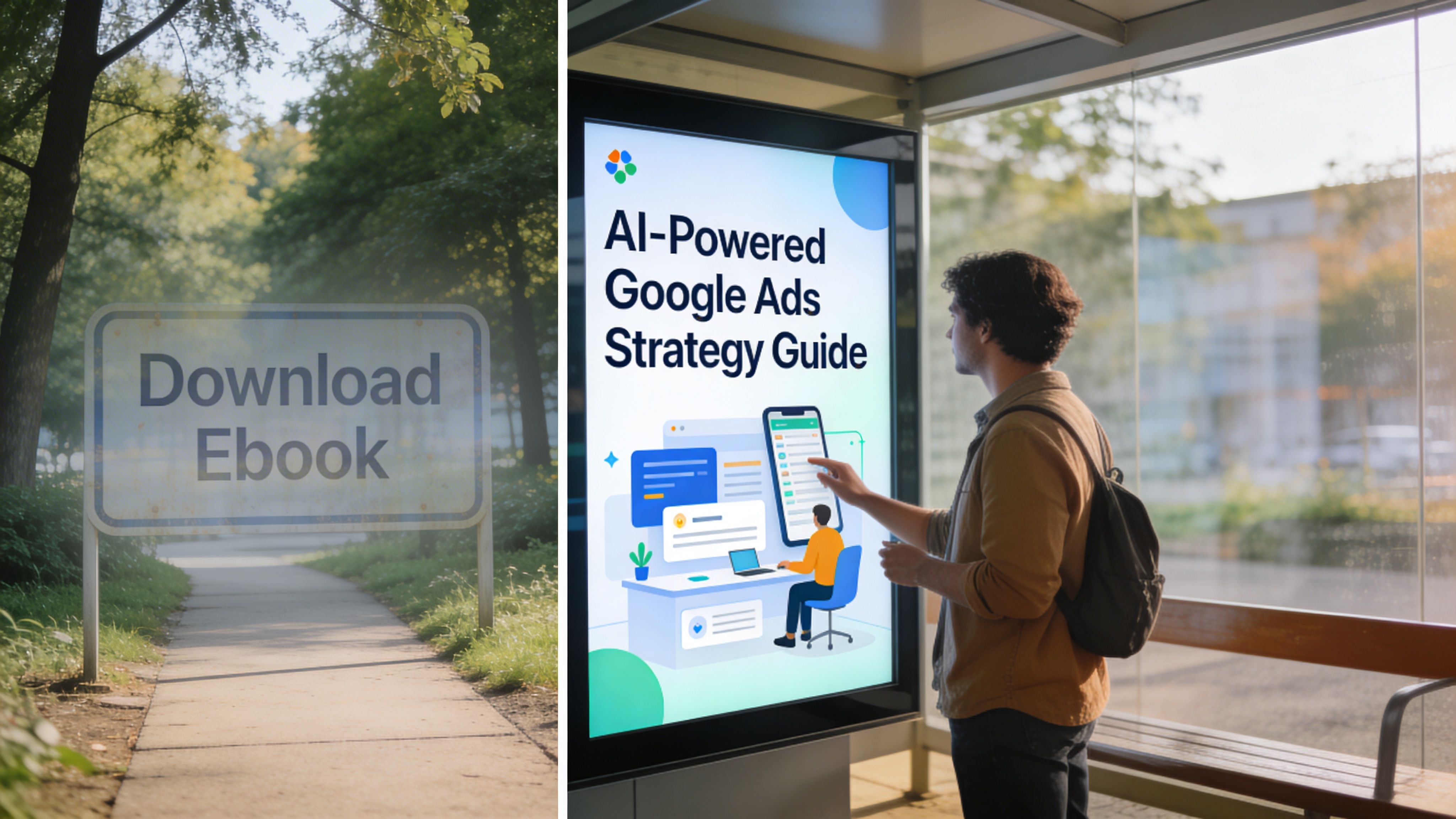 A person interacting with a large digital billboard display about an AI-powered Google Ads strategy guide ebook.