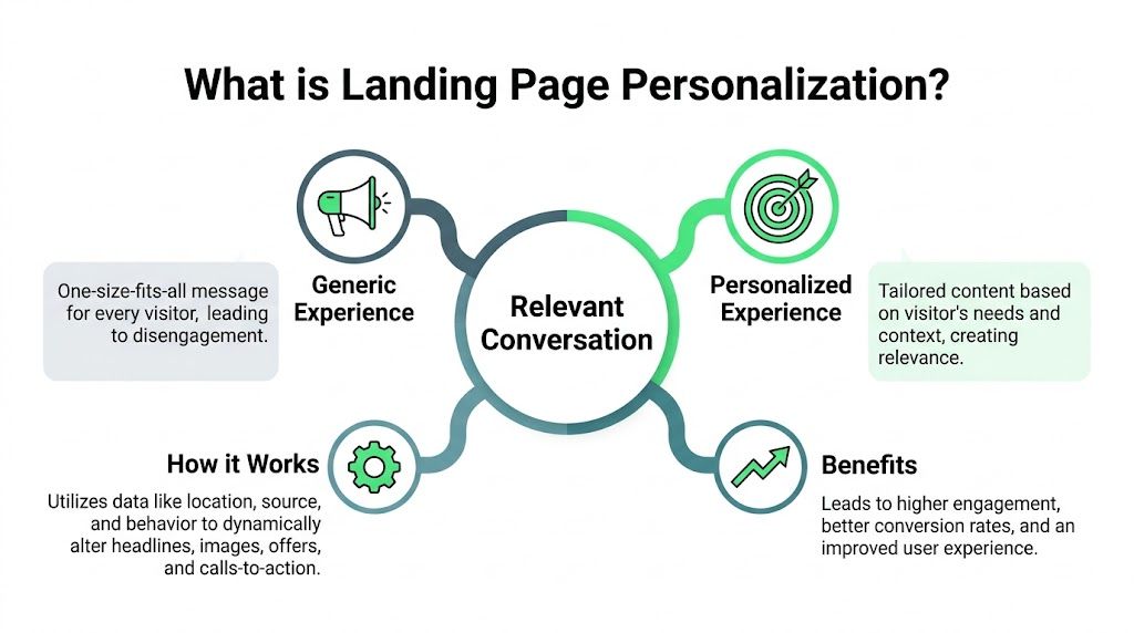A diagram explaining landing page personalization, comparing generic experiences with personalized experiences, functionality, and benefits.