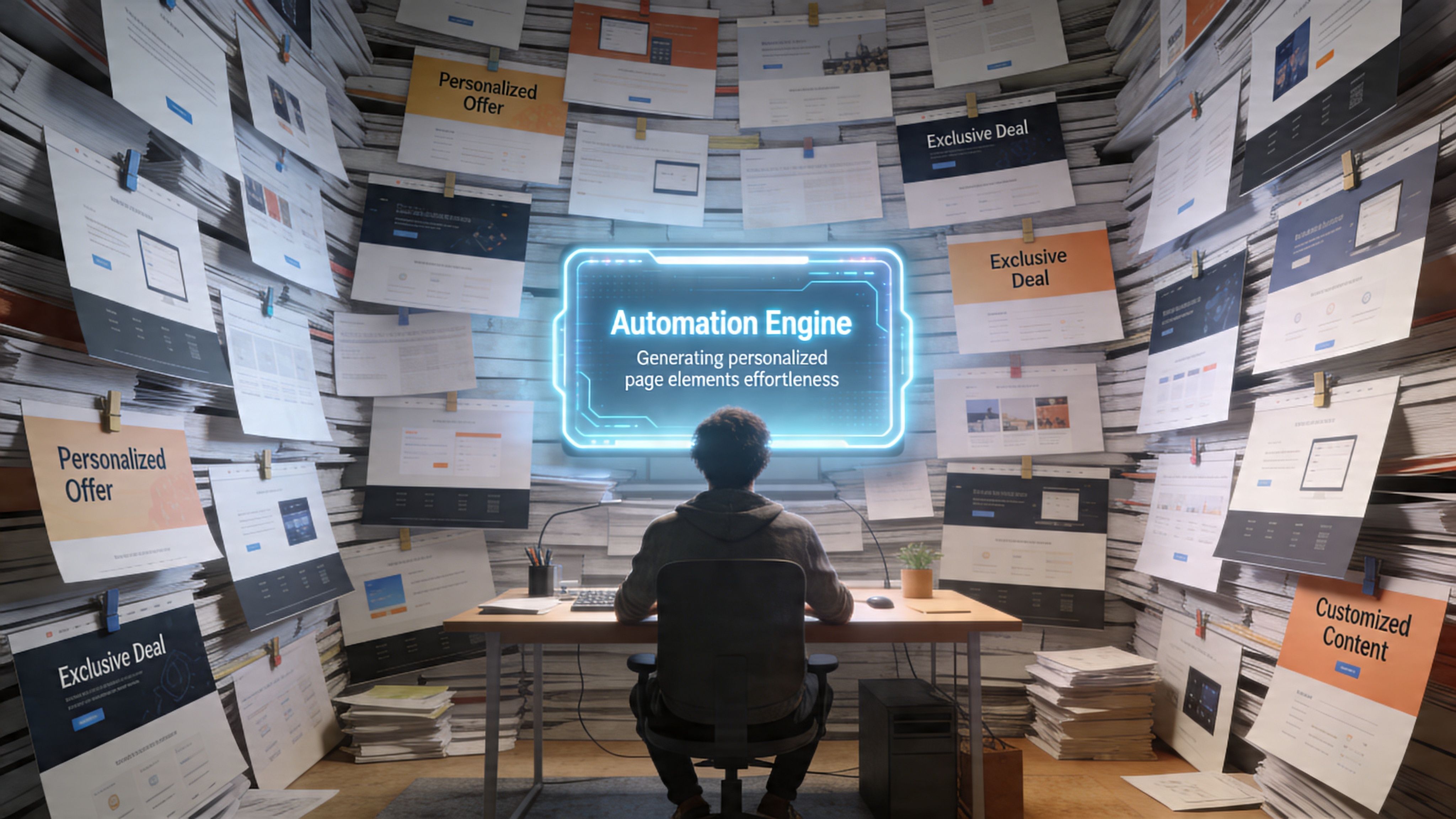 A person sitting at a desk surrounded by numerous floating papers showcasing personalized landing page website designs.