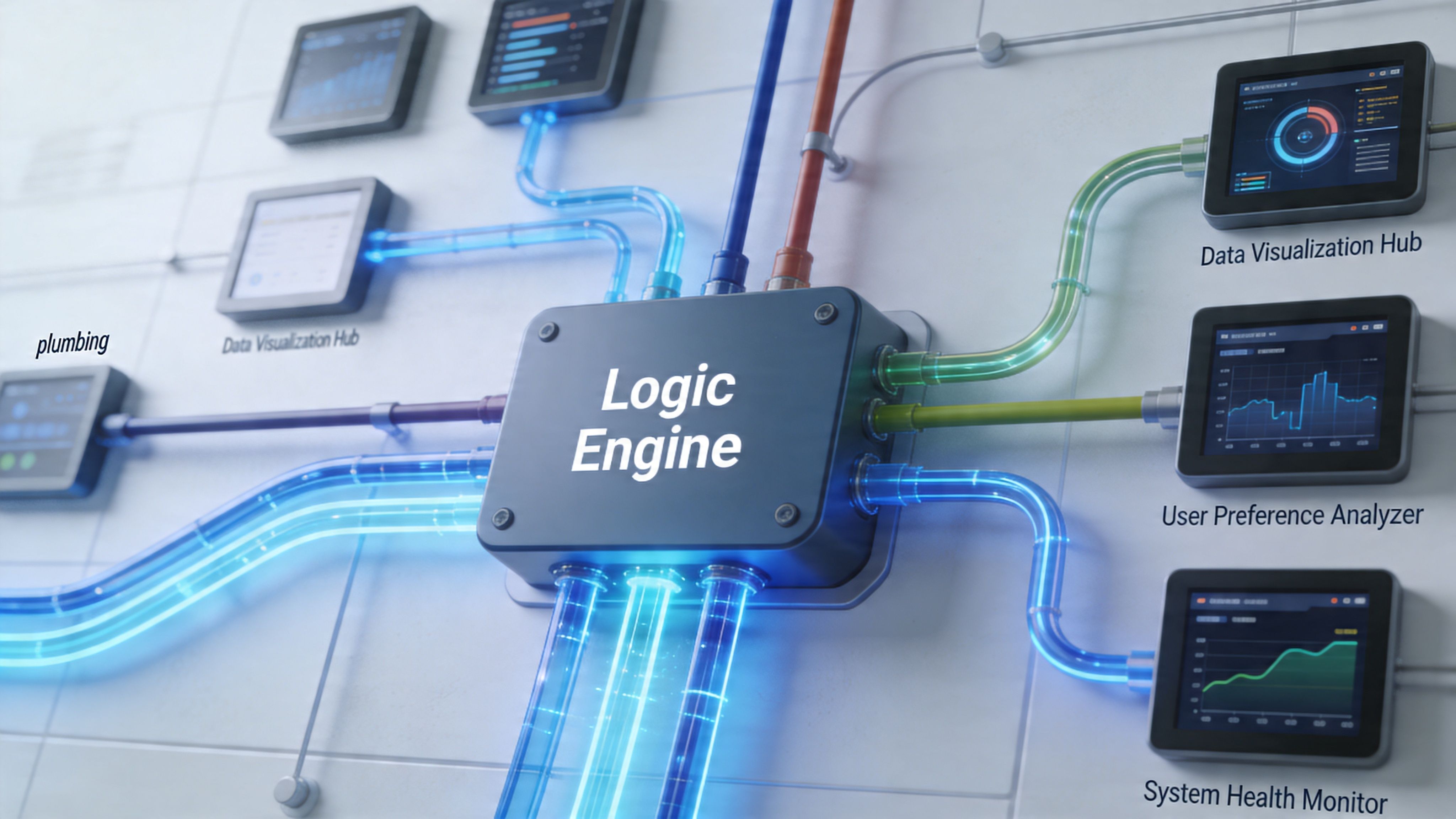 A digital graphic depicting a central logic engine hub connected to various data visualization and system monitoring screens.