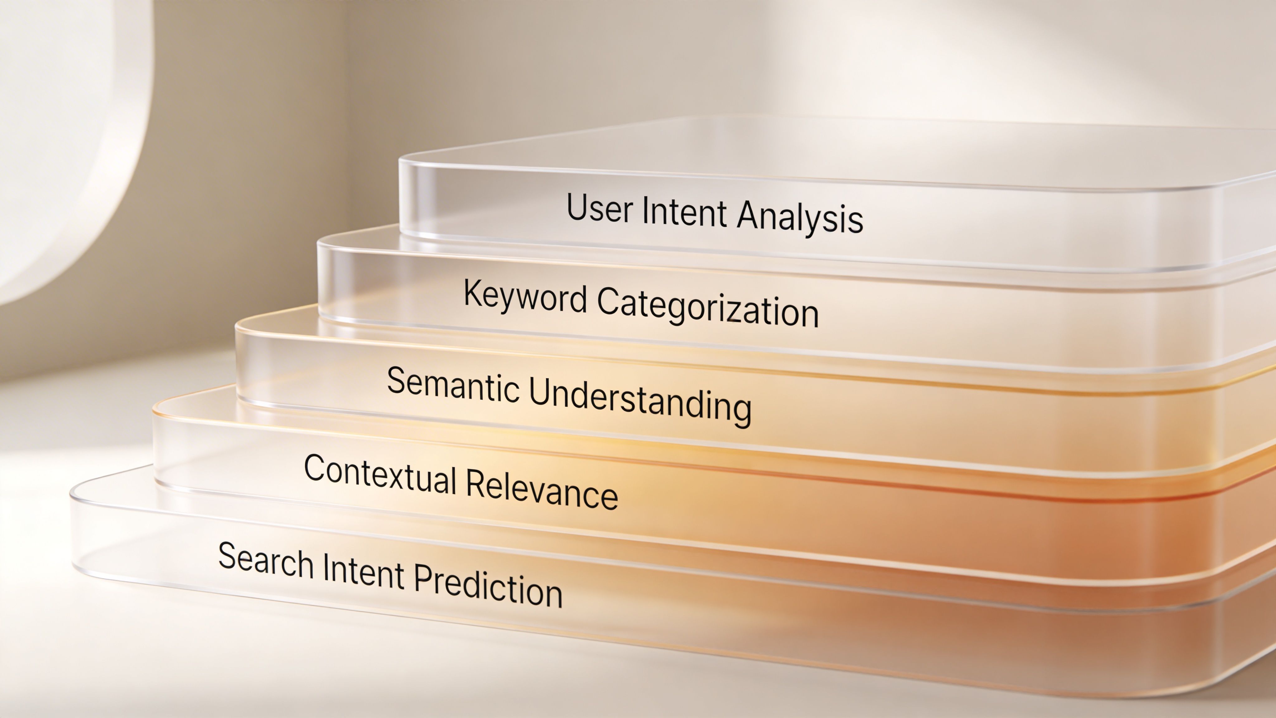 A layered 3D glass graphic illustrating key components of search engine optimization and digital marketing strategy.